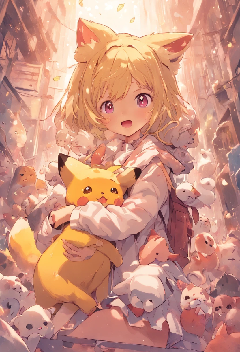 Chica de anime con muchos animales de peluche y un gato, LinDo arte Digital DetallaDo, por Ryan Yee, Beautiful artistic style, ADorable pintura Digital, Hermoso arte digital, lindas ilustraciones detalladas, digital anime illustration, Arte oficial de renderizado 3D, Arte oficial de alto detalle, official illustration of the character, Anime estilizado, Kawaii HQ render, Estilo de arte pokemon, lindas ilustraciones, fanart detallado