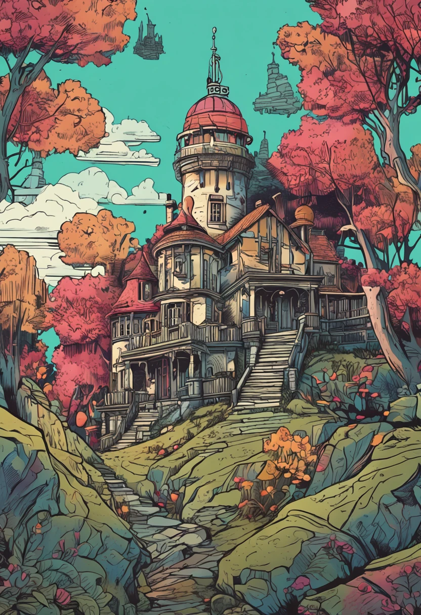 detailed and intricated, bioluminicense, HD, a little hill of Piedmont, Italy, with forests and towers and some small houses