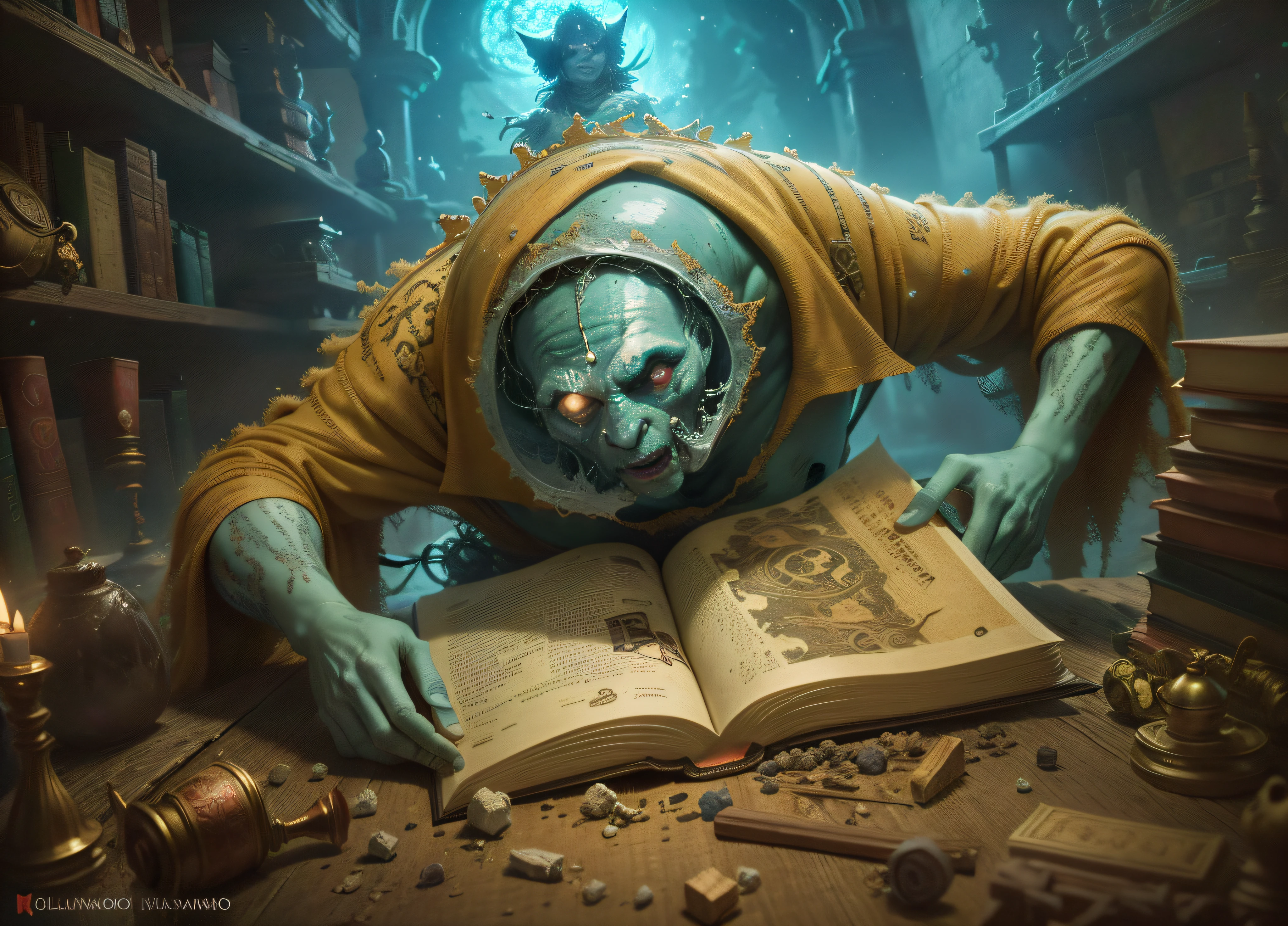 monstro olhando livros antigos horrorizante e sombrio olho penetrante e congelante 4k ultra realista escrituras antigas assas sangue vermnelho