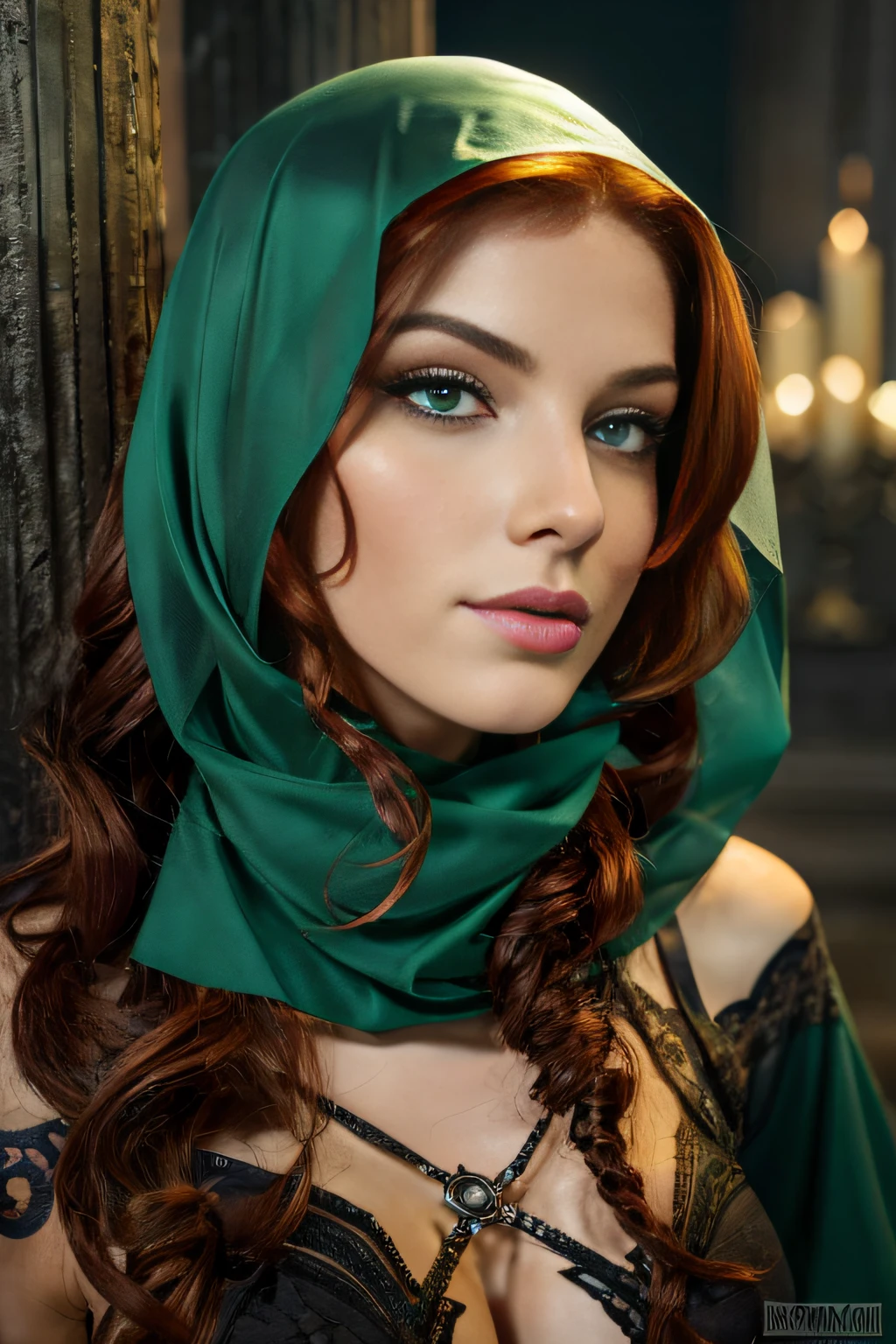 absurdres, foto RAW, mais alta qualidade, (obra-prima: 1.3), foto de cor RAW de alto detalhe, foto profissional, unidade de papel de parede CG 8k extremamente detalhada, foto-realista, realista, foto RAW, obra-prima, melhor qualidade, highres, illustration, 1girl, 16 ANOS, baixinha, tiny girl, magra, branca, ruiva, cabelo vermelho, cabelo ruivo com cachos, cabelo ondulado, curly hair, Average length, cabelo preso, pernas finas, rosto lindo perfeito com sardas, cardune lips, belos olhos realistas, olho direito verde, olho esquerdo azul, heterocromia, pale skin, textura de pele detalhada, seios planos, seios muito pequenos, bunda pequena. Rosas vermelhas tatuadas nos ombros, tattoos of pagan symbols on the forearms and hands. Corpo magro, esguio. Ruiva. Sorriso. Elegante. Pagan style, Celtic, wiccan. Escocesa. She looks amazing. Corpo inteiro. (Jaqueta de couro marrom, metal sunglasses, gargantilha com pingente de pentagrama, Veil partially covering the hair, katana pendurada nas costas, design detalhado), post apocalyptic scenario.