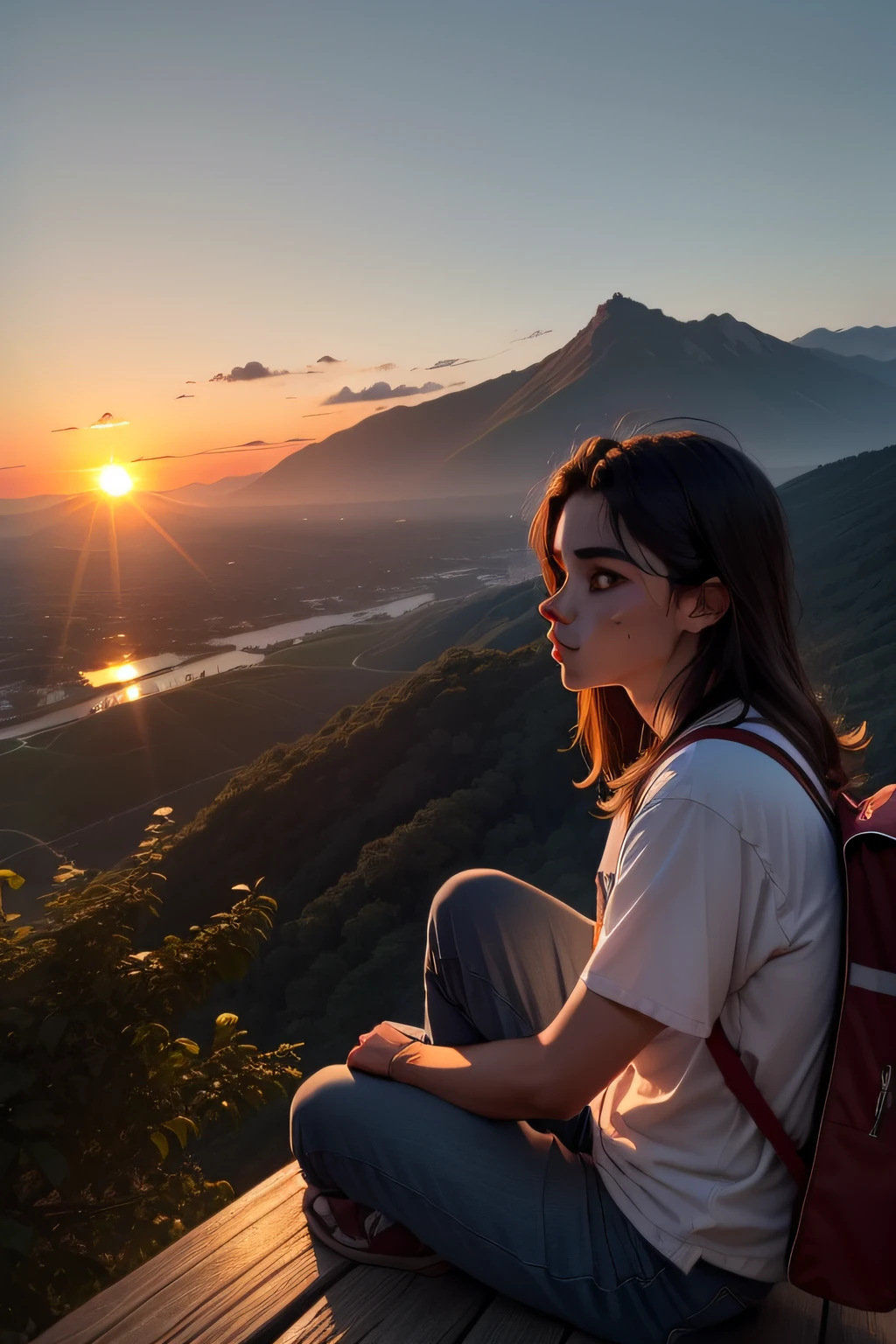 uma jovem admirando o por do sol entre montanhas