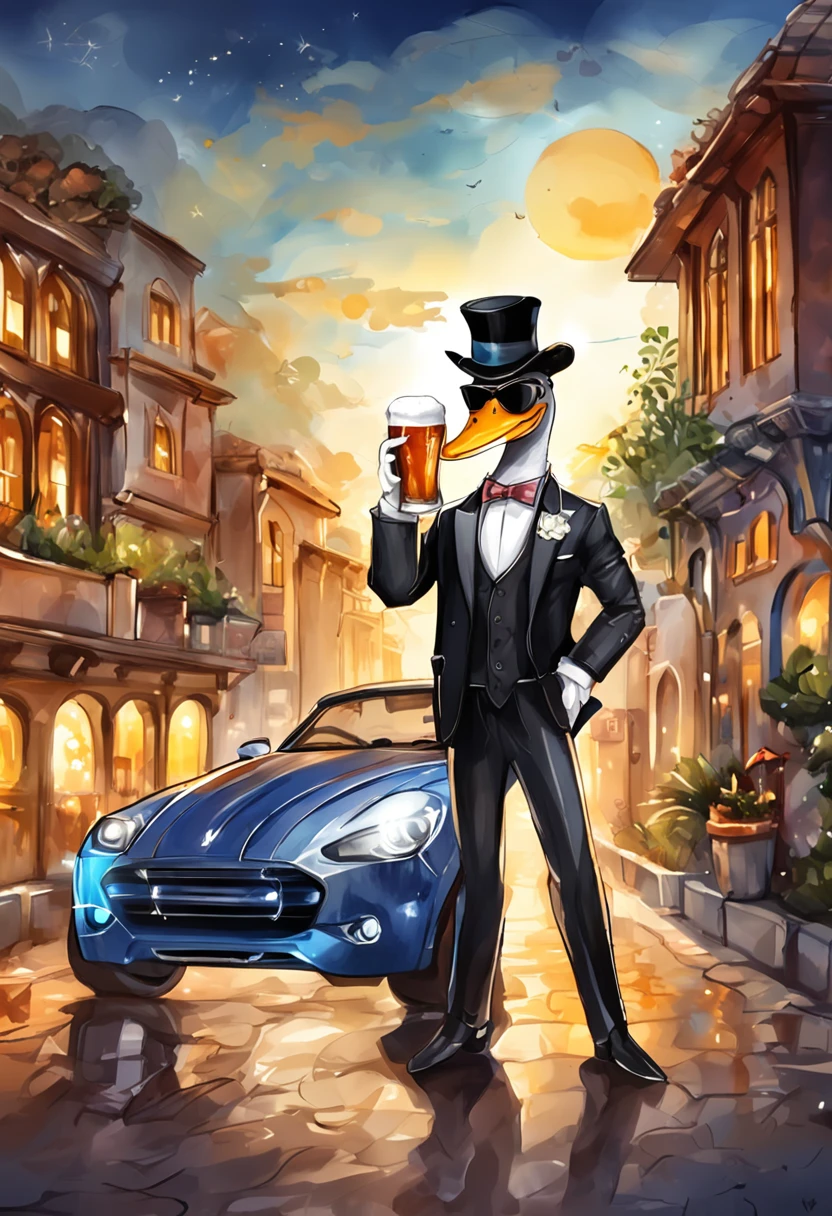 A masterpiece Chibi white duck animal, Mafia boss, wearing a Black suit, a top hat, sunglasses, drinking a beer, next to a sport car in a city at night, neon, bioluminicense, HD
