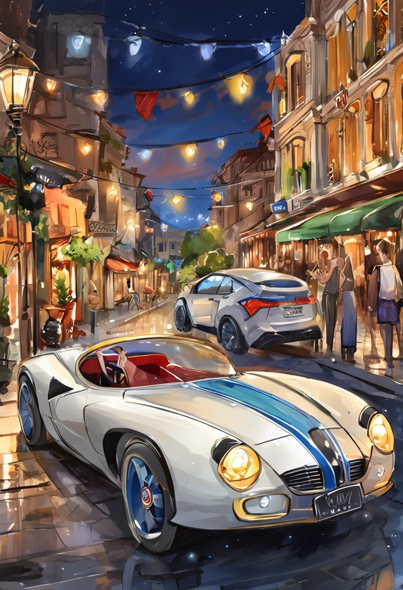 A masterpiece Chibi white duck animal, Mafia boss, wearing a Black suit, a top hat, sunglasses, drinking a beer, next to a sport car in a city at night, neon, bioluminicense, HD