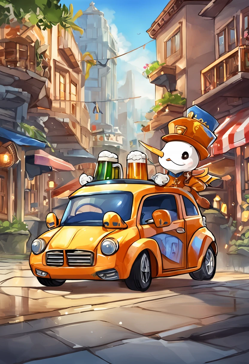 A masterpiece Chibi white duck animal, Mafia boss, wearing a Black suit, a top hat, sunglasses, drinking a beer, next to a sport car in a city at night, neon, bioluminicense, HD