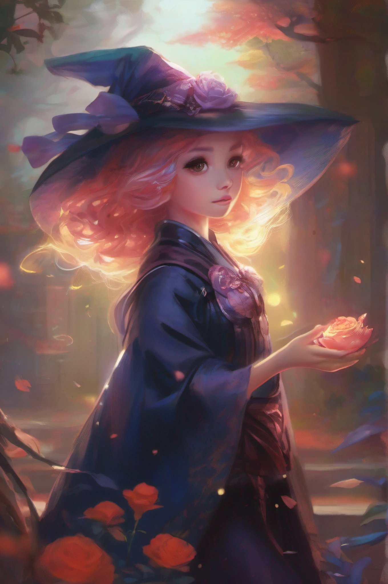 (Best Quality, tmasterpiece:1,1), Sketch, ( packet "Mysticism", Little witch with an owl, rose hair, illustartion, by Ross Tran), painting, Detailed, ((ross tran style)), 8K