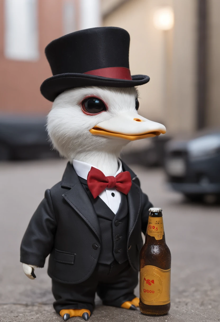 A masterpiece Chibi white duck animal, Mafia boss, wearing a Black suit, a top hat, sunglasses, drinking a beer, next to a sport car in a city at night, neon, bioluminicense, HD