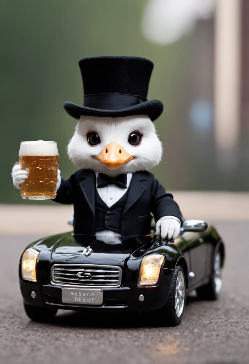A masterpiece Chibi white duck animal, Mafia boss, wearing a Black suit, a top hat, sunglasses, drinking a beer, next to a sport car in a city at night, neon, bioluminicense, HD
