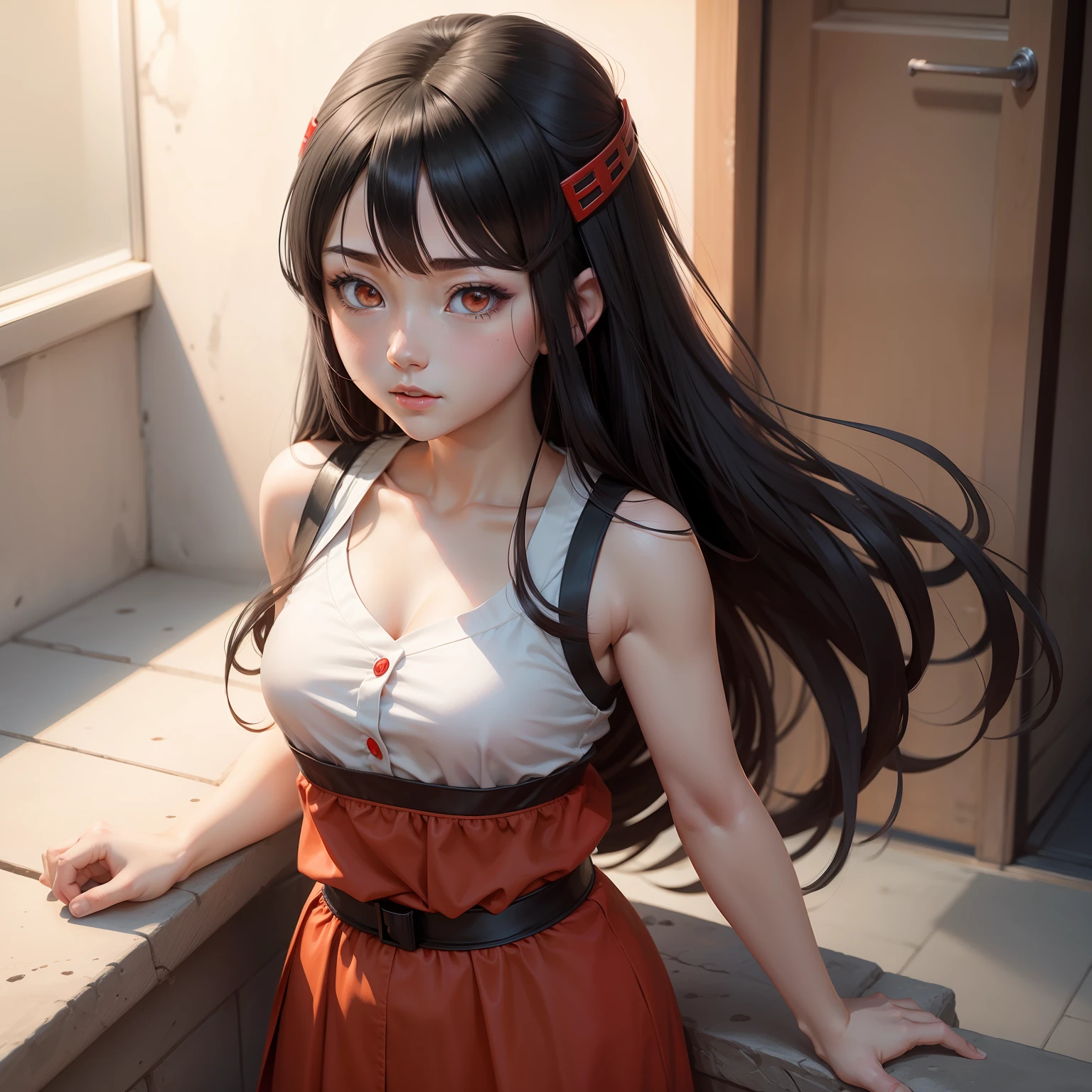 Hinata from Naruto anime , hinata in red dress , white eyes , black long hair , hair clip on hair