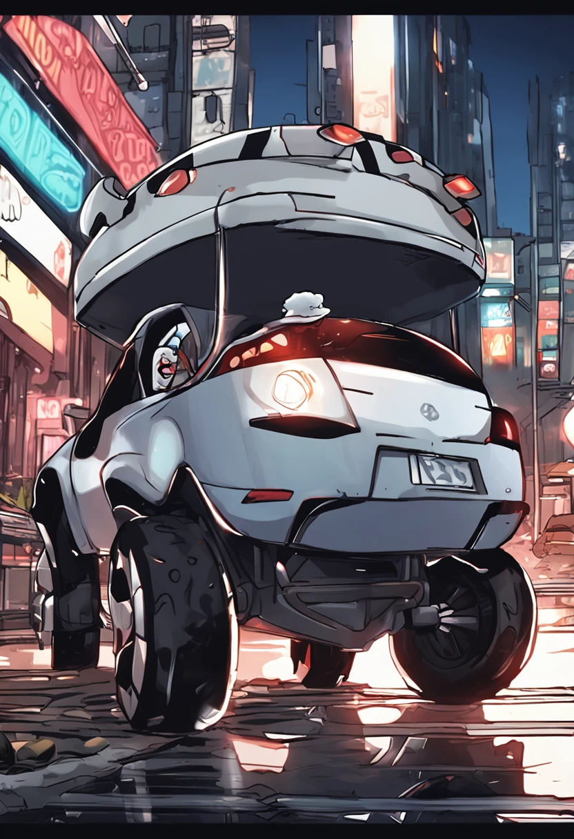 A masterpiece Chibi white duck animal, Mafia boss, wearing a Black suit, a top hat, sunglasses, drinking a beer, next to a sport car in a city at night, neon, bioluminicense, HD