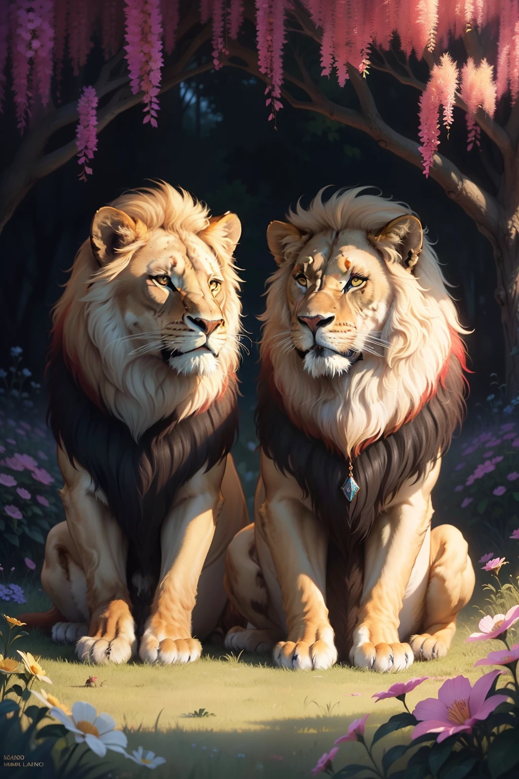 Two lions sitting in the grass with flowers in the background, lions, detailed beautiful animals, colorful hd picure, Howard Lyon, Animalistic painting, Animals Wildlife, Beautiful nature, amazing art, Joe Yusko, Richard Mayhew, Bob Eggleton, amazing depth, Lisa Frank, Randy Gallegos, king of the jungle, Majestic painting, mane