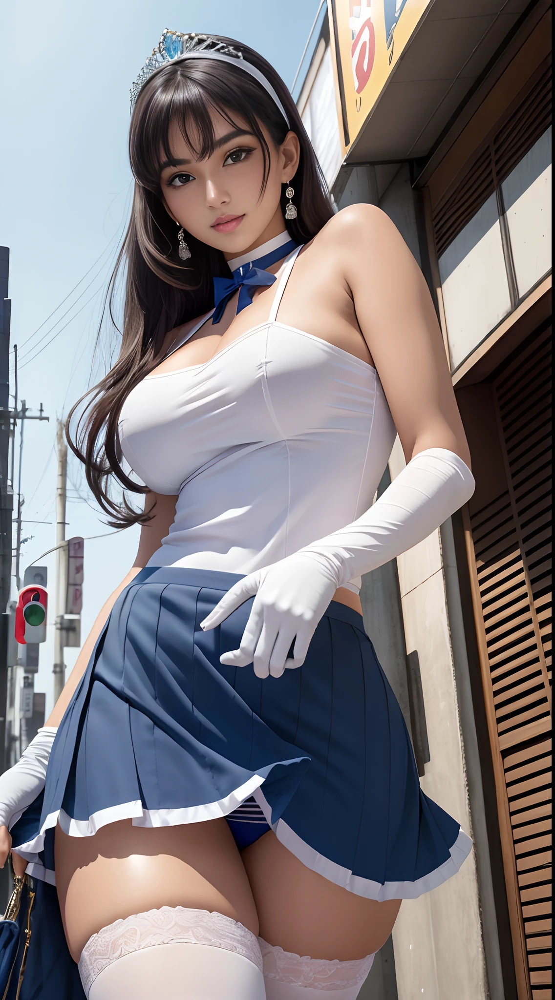1girl, happy, smirk, Tokyo street, cityscape, city lights,day,.Flexing, 8k, RAW photo, best quality, masterpiece, realistic, photo-realistic, masterpiece, best quality, high-resolution, tiara,sailors uniform, random hair, stockings, big breasts, blue sailor collar,bow,knee boots,choker,white gloves,blue choker,elbow gloves,jewelry,earrings,blueskirt, pull up skirt to show panty, panty, high resolution, highly detailed, hyper realistic, 8K, indian girl, 25 years old Indian girl, big breasts, use hands to pull up the skirt so that underwear is visible to the viewer, shot from below, pale skin, super lighting