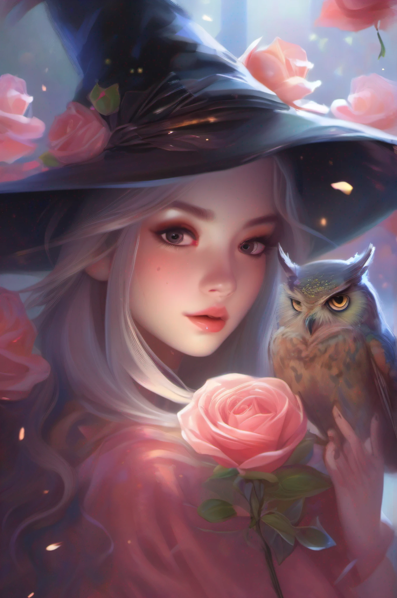 (Best Quality, tmasterpiece:1,1), Sketch, ( packet "Mysticism", Little witch with an owl,  rose hair, illustartion, by Ross Tran), painting, Detailed, ((ross tran style)), 8K