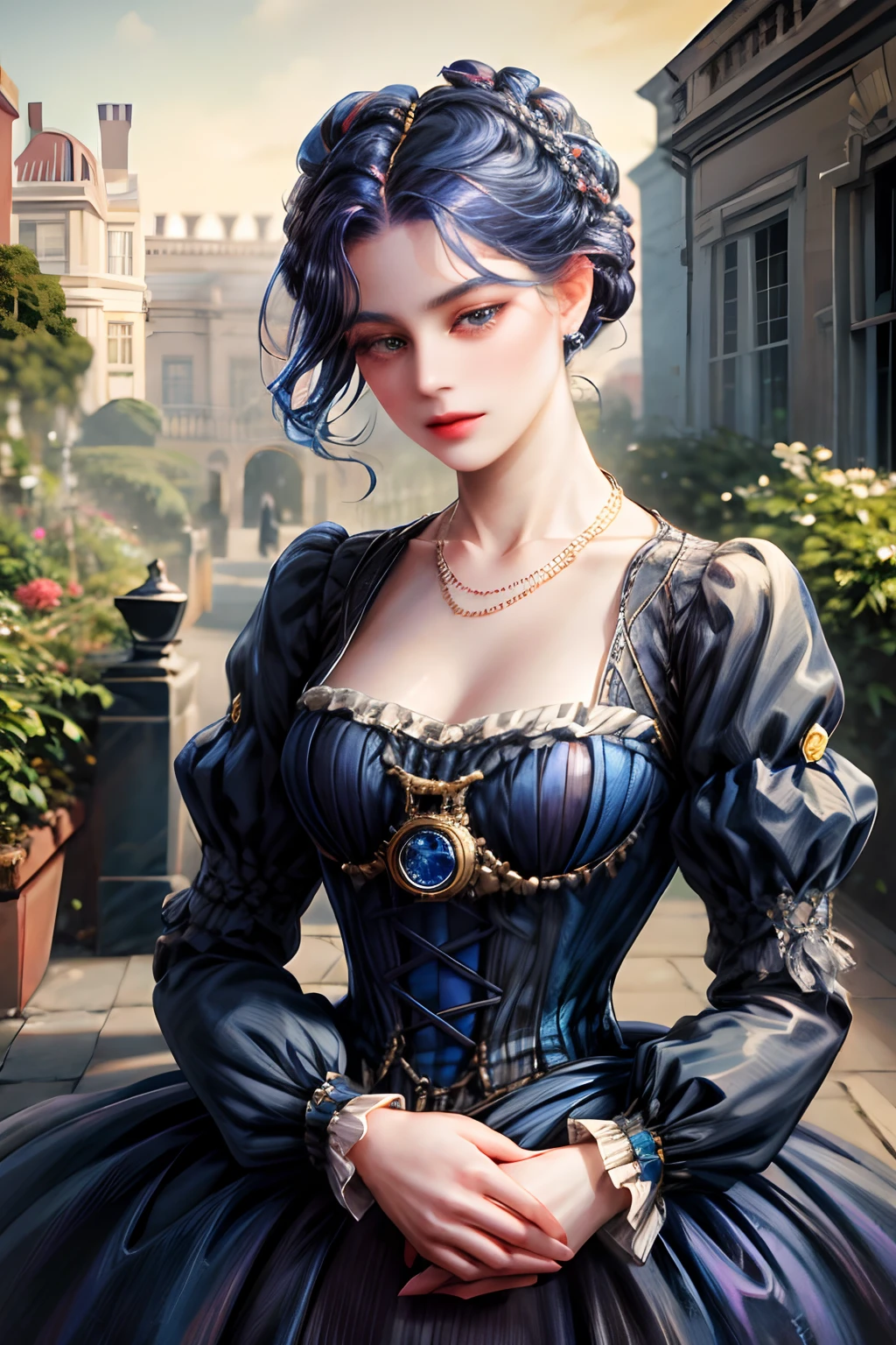 (absurdres, highres, ultra detailed), 1girl, solo, mature, (updo victorian style, cobalt hair), Baroque, Necklace, long dress, long sleeve, elegant, colorful, highest detailed, upper body, outdoors, garden