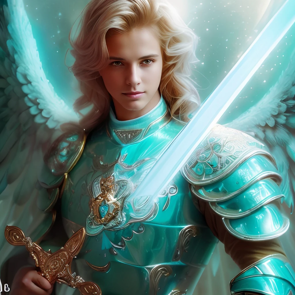 (((Saint MICHAEL ARCHANGEL. 19 years old))) ((( Con una cara seria y piadosa. Con una mirada dulce y tierna))) (obra maestra, calidad superior, mejor calidad, arte oficial, beautiful and aesthetic: 1.2), (1girl), extremadamente detallado, (Arte fractal: 1.3), colorido, highest detailed, Cara perfecta, parte superior del cuerpo, HDR, (orando: 1.3), (golden lines of white coat: 1.2), galaxia, (rayas de luz), eye-catching visuals, (dynamic stripes, senderos luminosos: 1.2), colores vibrantes,