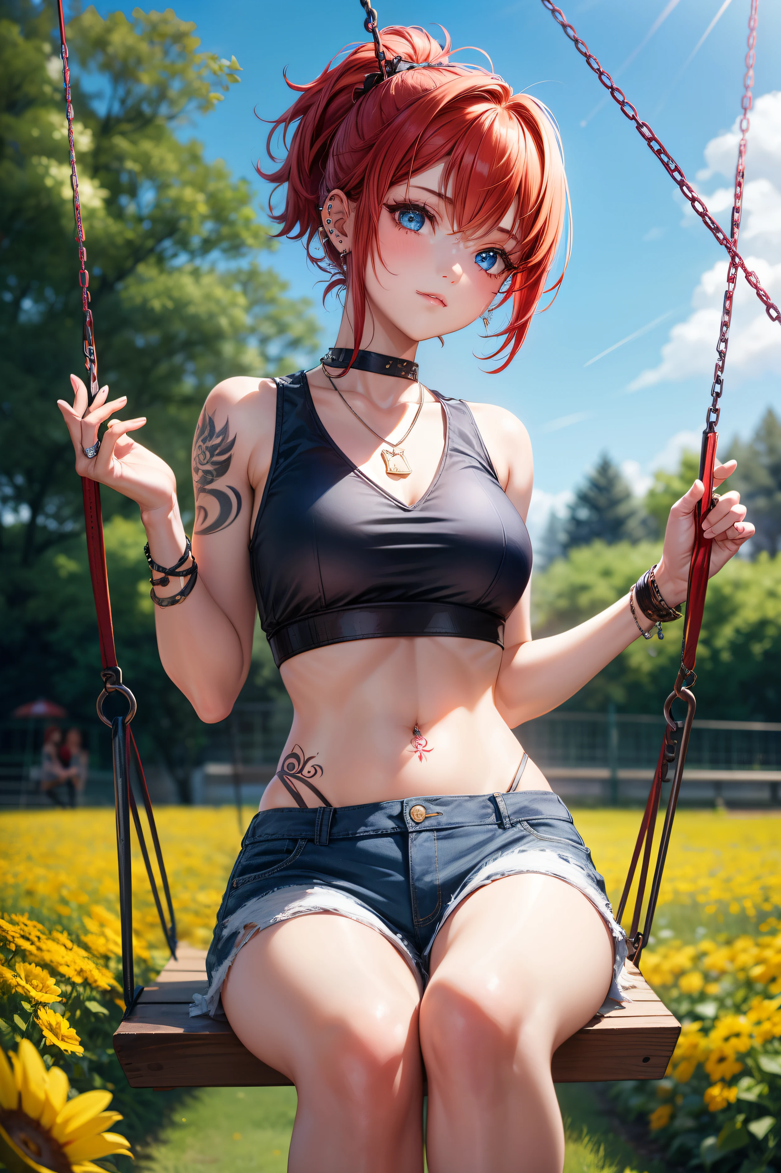 1 girl, solo, only one girl ,Short hair, red hair, short ponytail, blue eyes, necklace, piercings, hand tattoo, Garden, trees, swings, swinging, flowers, yellow flower garden, Swing, iron swing, afternoon, river, short vans, crop top, belly Tattoo,