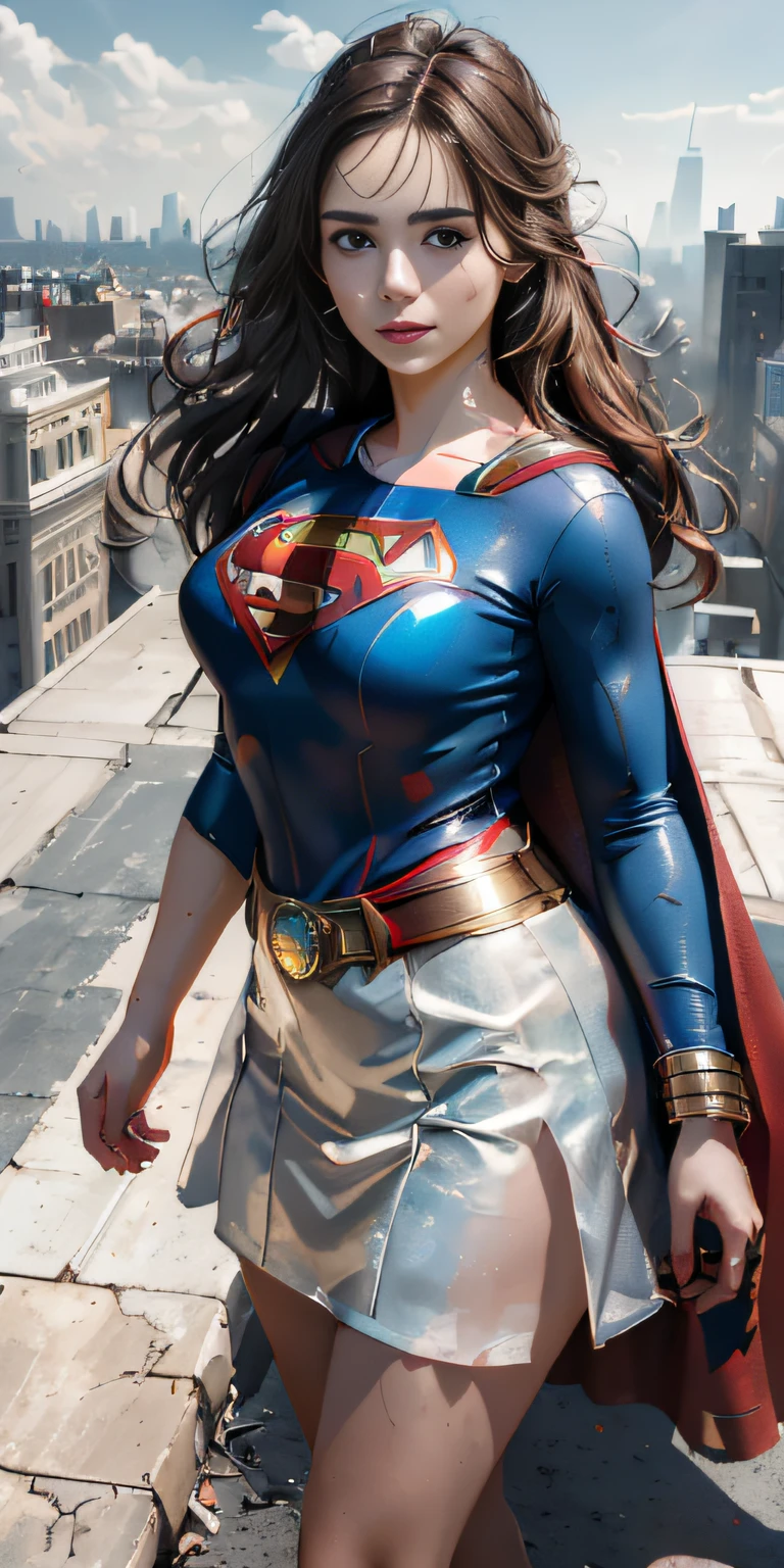 (1girll:1.5), Solo, (((Very detailed face)))), ((Very detailed eyes and face)))), Beautiful detail eyes, Body parts__, offcial art, Unified 8k wallpaper, Super detailed, Beautiful and beautiful, Beautiful, Masterpiece, Best quality, Original, Masterpiece, ultra fine photos, Best quality, Super high resolution, Realistic realism, Sunlight, Full body portrait, Amazing beauty, Dynamic pose, Delicate face, Vibrant eyes, (From the front), She wears a Superman suit, Red and blue color scheme, hide, Very detailed city roof background, Rooftop, Overlooking the city, Detailed face, detailed complex busy background, Messy, Gorgeous, Milky white, Highly detailed skin, Realistic skin details, Visible pores, Clear focus, volume fog, 8K  UHD, Digital SLR, High quality, filmgrain, Fair skin, Photo realism, DL, futuristic dystopian megalopolis, Translucent