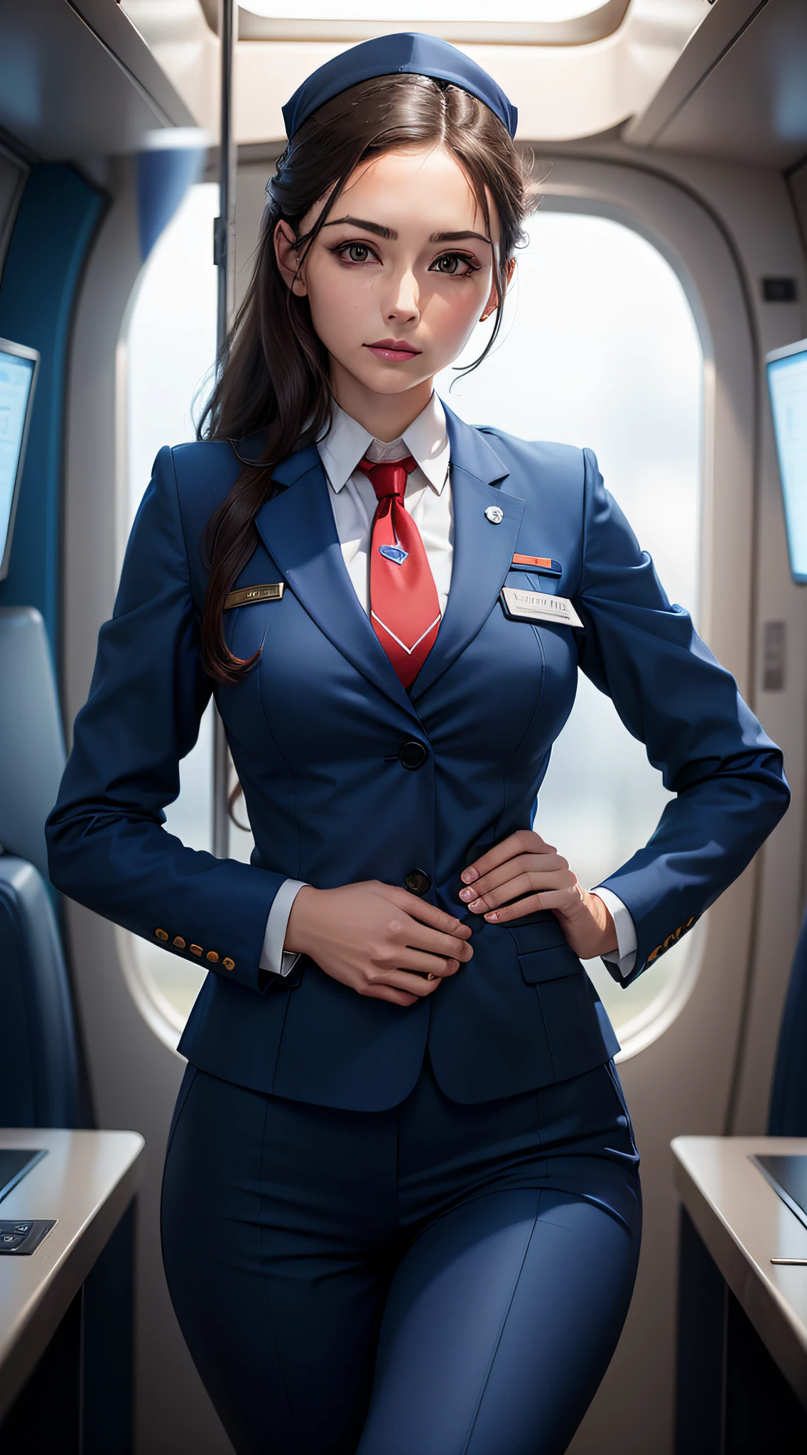 stewardess working in blue suit and red tie, 8k, fundo escuro, highes definition, realista