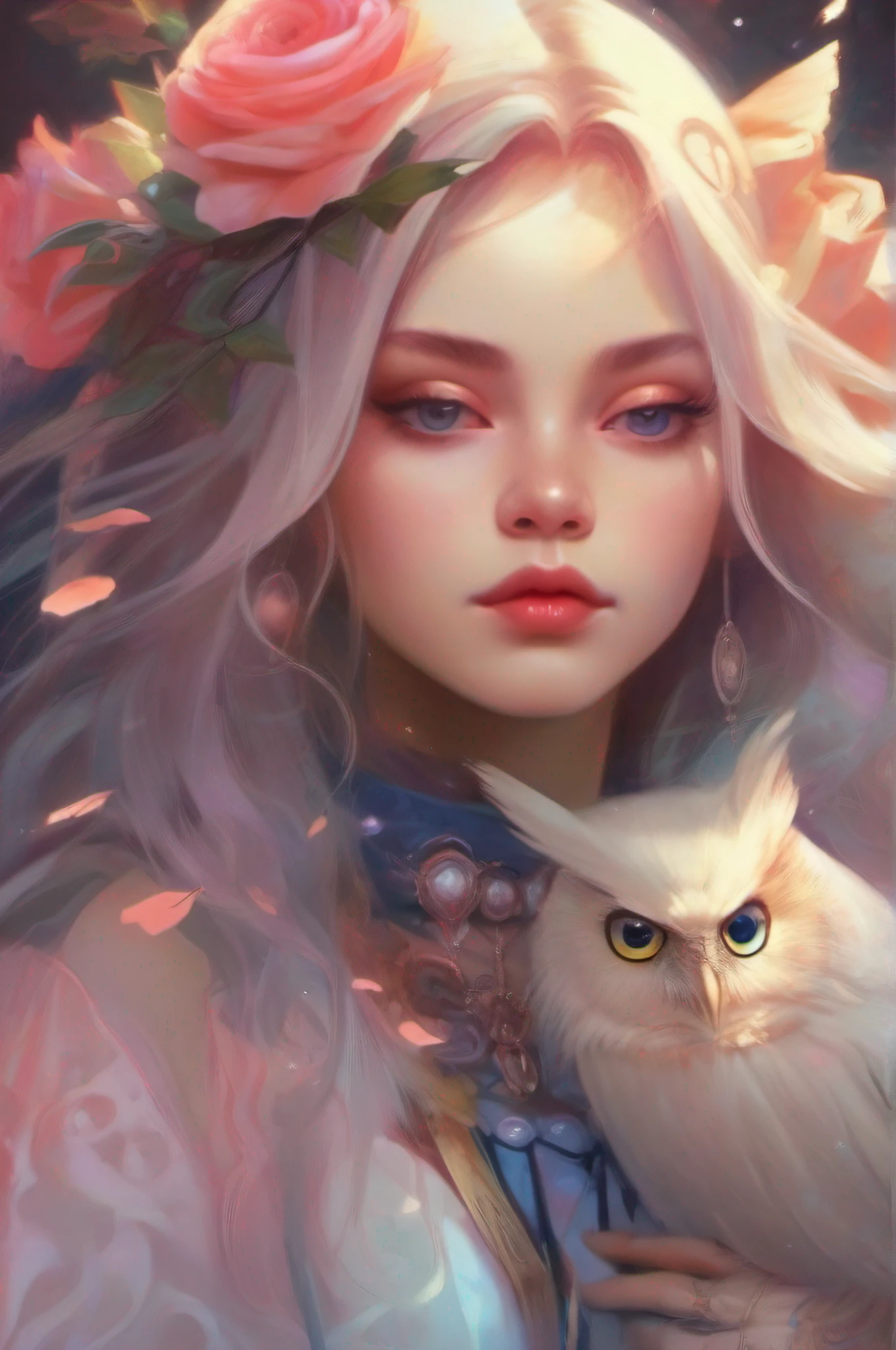 (Best Quality, tmasterpiece:1,1), Sketch, ( packet "Mysticism", Little witch with an owl,  rose hair, illustartion, by Ross Tran), painting, Detailed, ((ross tran style)), 8K