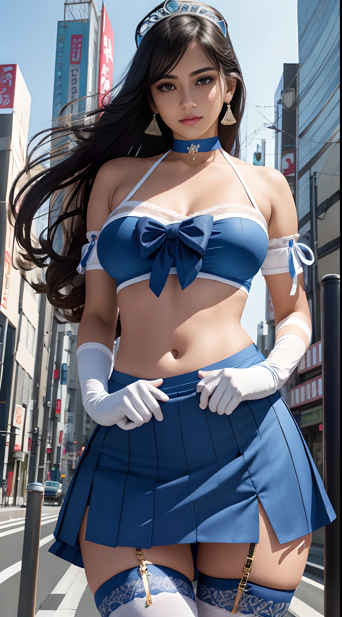 1girl, happy, smirk, Tokyo street, cityscape, city lights,day,.Flexing, 8k, RAW photo, best quality, masterpiece, realistic, photo-realistic, masterpiece, best quality, high-resolution, tiara,sailors uniform, random hair, stockings, big breasts, blue sailor collar,bow,knee boots,choker,white gloves,blue choker,elbow gloves,jewelry,earrings,blueskirt, pull up skirt to show panty, panty, high resolution, highly detailed, hyper realistic, 8K, indian girl, 25 years old Indian girl, big breasts, use hands to pull up the skirt so that underwear is visible to the viewer, shot from below