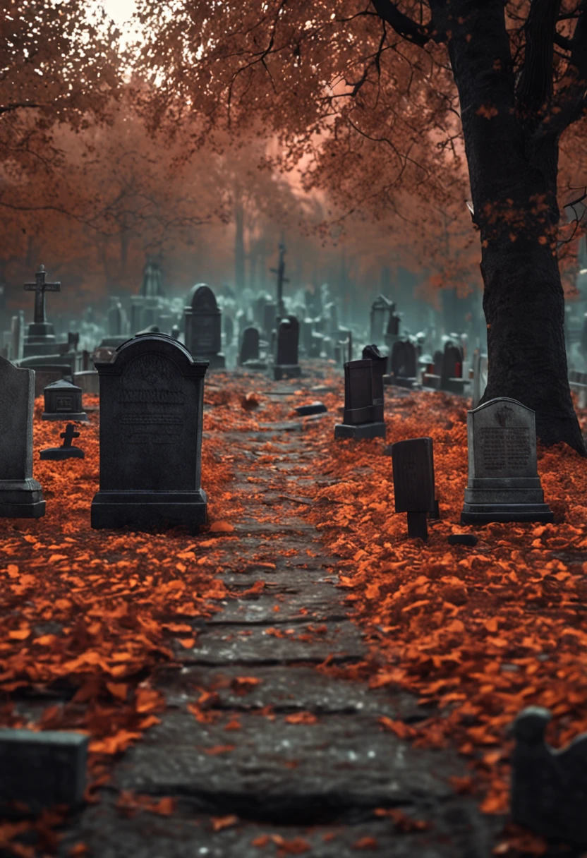 there is a cemetery with a lot of tombstones in the background, alexey egorov, by Eglon van der Neer, bussiere rutkowski andreas rocha, eerie nostalgic concept art, background artwork, by Otakar Kubín, martin raphael lacoste, graveyard landscape, graveyard background, graveyard, cemetery, stefan koidl inspired , realistic, hyper realistic, super realistic with pictures burned down