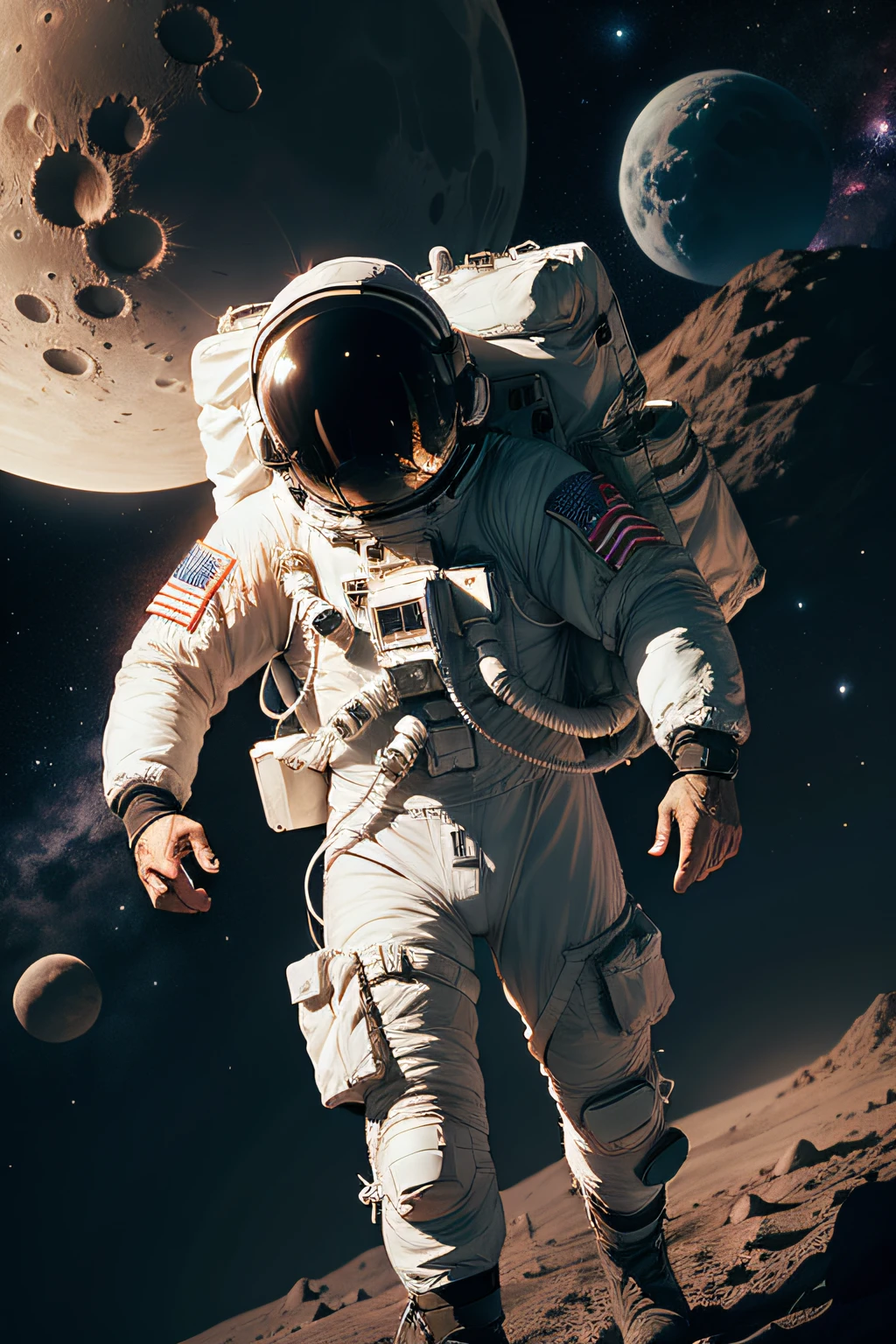 Astronaut on his back walking on the moon and with his starry from space