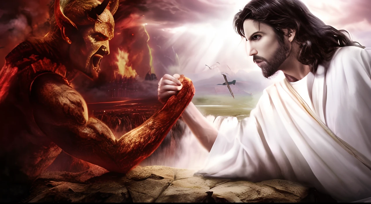 Jesus and the devil are fighting over the stone wall, battle between good and evil, jesus christ fighting lucifer, Heaven and hell, the final battle in hell, devil versus angel, good vs evil, angel versus devil, Angels VS Demons, good vs evil, The battle between good and evil, good vs evil, satan in hell, Make a deal with the devil