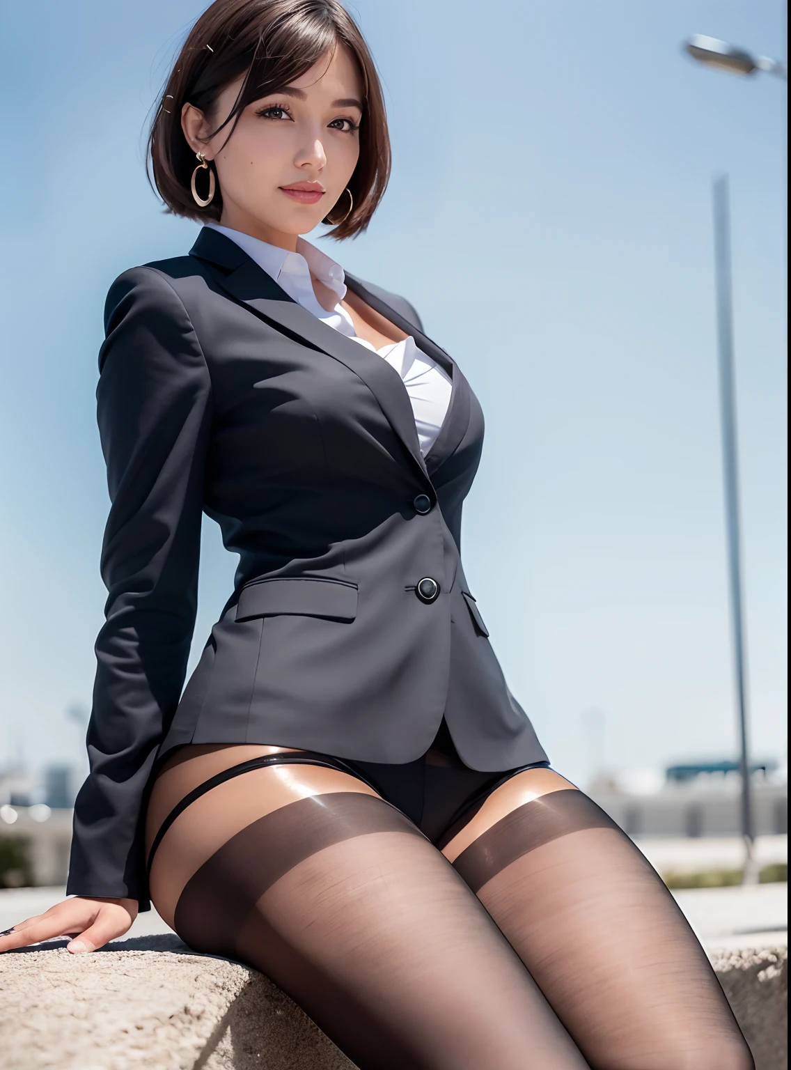 (8K, Best quality, Masterpiece:1.2), (Realistic, photo-realistic:1.37), Ultra-detailed, 1 girl, full bodyesbian, Outdoors, (Adjust hair:1.5) Office Lady, black officeblazer, officeskirt, (Pantyhose:1.2), (short buttoneddownshirt:1.2), buttonedupcollarprim, buttoneddowncollarprim,Skinny white shirt, Bra, (Pantyhose:1.2), alphalayers, high-heels,beautiful earrings, Cute, Solo, Beautiful detailed sky, (Smile:1.15), (Closed mouth),Breasts are normal, Beautiful detailed eyes, Business attire, (Short hair:1.2), Floating hair NovaFrogStyle,