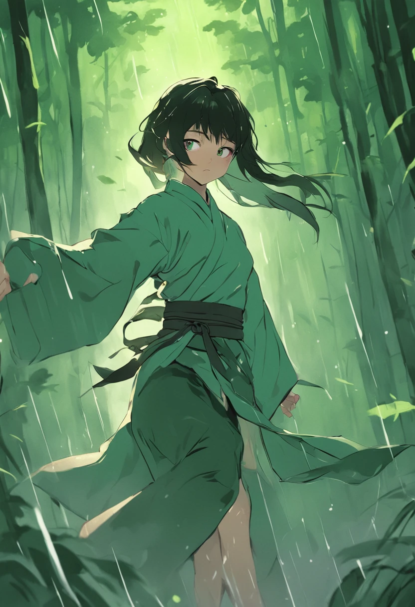 1 young girl, kung fu, green bamboo forest, surrounded by rain, illustration style, motion blur, opened robe, breasts, cleavage, long exposure fullbody, exquisite facial features, Chinese styleink style, martial arts style, selective focus, panorama.