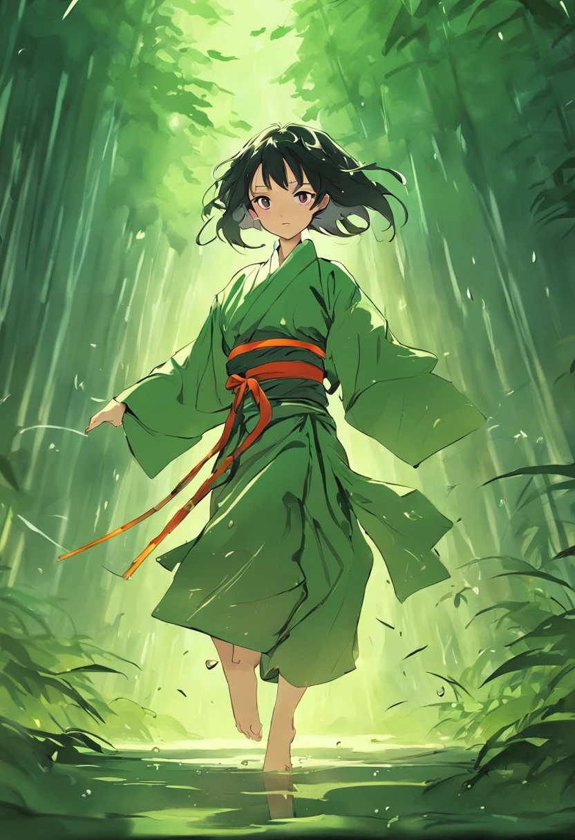 1 young girl, kung fu, green bamboo forest, surrounded by rain, illustration style, motion blur, opened robe, breasts, cleavage, long exposure fullbody, exquisite facial features, Chinese styleink style, martial arts style, selective focus, panorama.