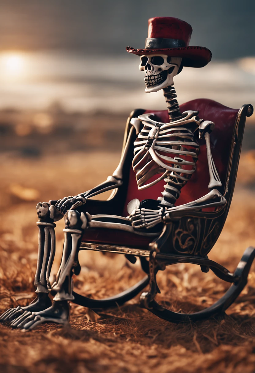 A masterpiece Skelleton Rocker, With a Cowboy hat, Smoking a Cigarrette, sitting on a Throne, HD