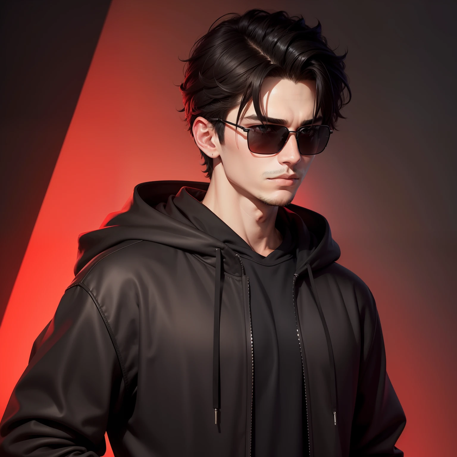 A handsome 18 year boy With black Hoodie and black sunglasses , Red gradient background