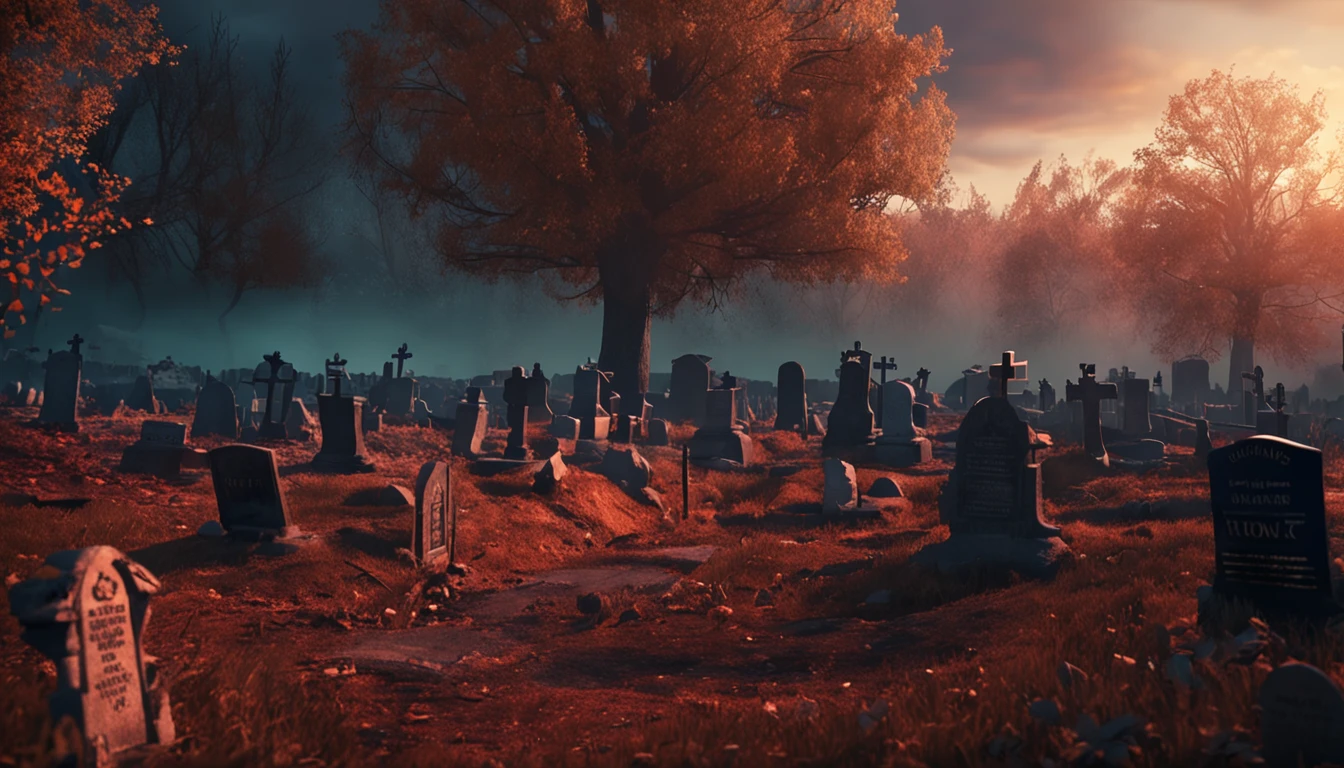 there is a cemetery with a lot of tombstones in the background, photos burning down alexey egorov, by Eglon van der Neer, bussiere rutkowski andreas rocha, eerie nostalgic concept art, background artwork, by Otakar Kubín, martin raphael lacoste, graveyard landscape, graveyard background, graveyard, cemetery, stefan koidl inspired , realistic, hyper realistic, super realistic with pictures burned down