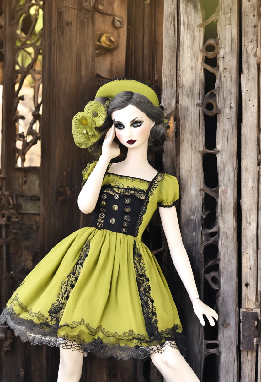 A short dress with black straps, with a row of decorative yellow buttons along the front, remembering the magic buttons from the movie Coraline. Black lace details on the edges add a touch of elegance. An adjustable emerald green stripe completes the look.