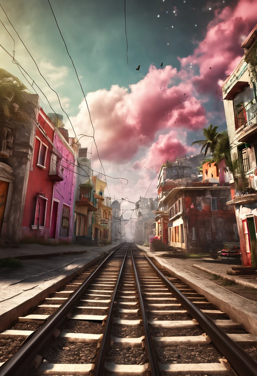 um trem em uma cidade ao fundo, with hearts in heaven, vista panoramica hd, realista