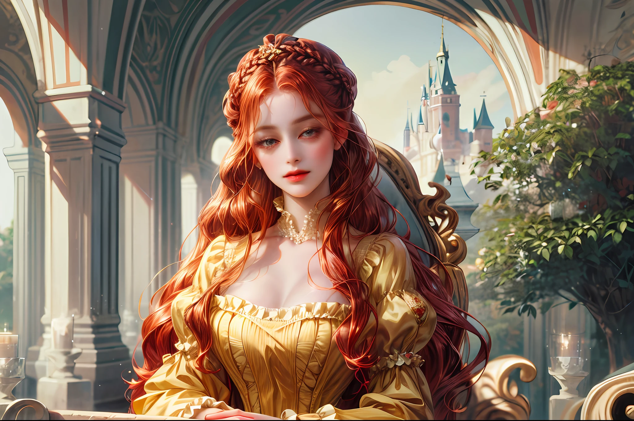 (absurdres, highres, ultra detailed), 1girl, solo, mature, Baroque, long flowered dress, long sleeve, elegant, colorful, highest detailed, upper body , red hair with victorian hairstyle,  beautiful castle garden as background