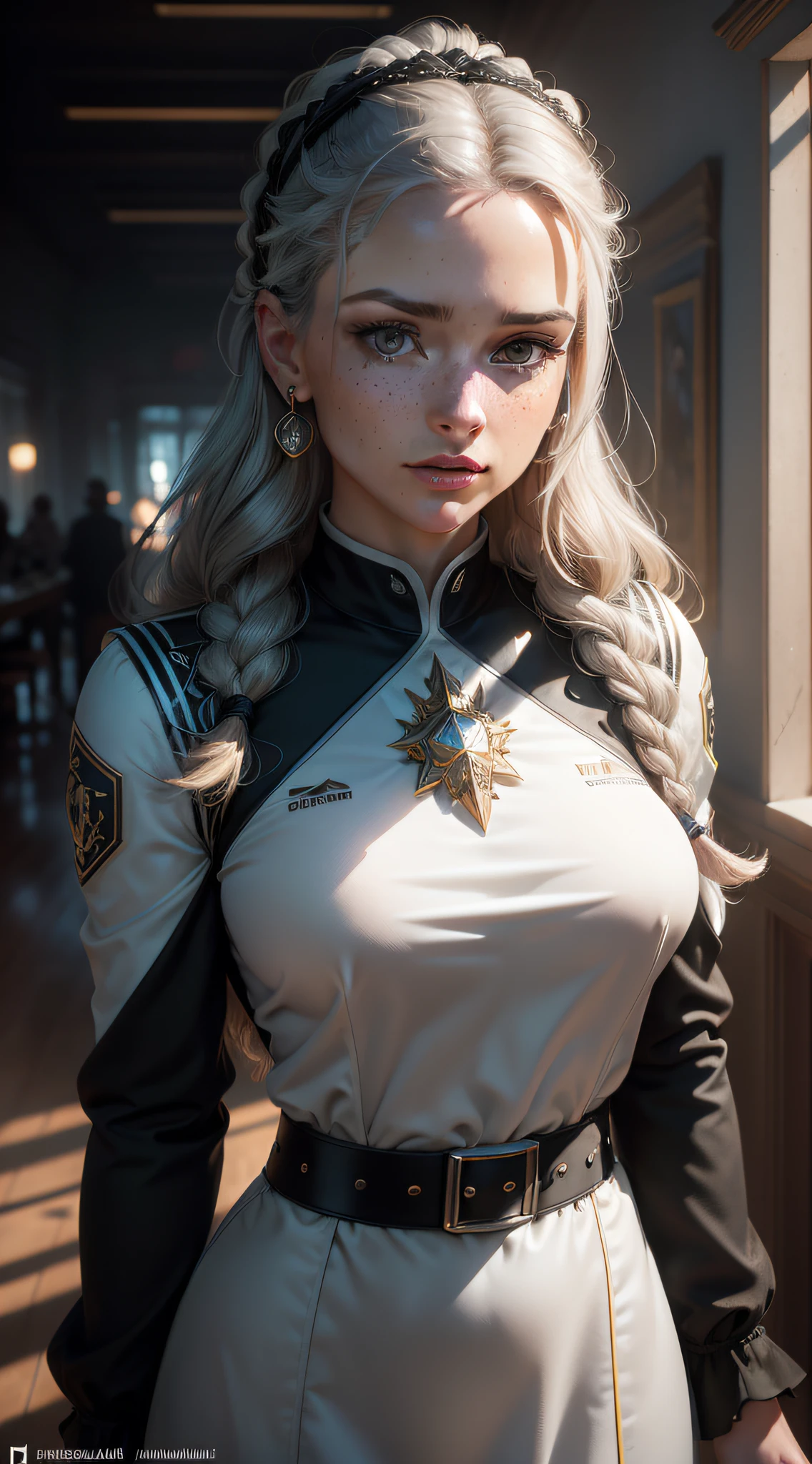 (8k, RAW photo, highest quality),(epic realistic:1.5), a girl, dynamic posture, Detailed face, blouse,(detailed eyes:0.8),(looking at the camera:1.4), (highest quality), (best shadow), intricate details, cinematic,((skin:1.4)), interior, dark studio,(hdr:1.5), detailed, muted colors, freckles, silver necklace, silver earring, long flowing wavy hair, smooth hair, hair down, hair pulled back ((Magazine catalog page with word description paragraphs)), ultra detailed photograph of beautiful woman, ((white and black uniform scrubs as a sales woman)), golden jewelry, shiny, sunlight fractal details, (Anna Steinbauer:1.20), depth of field, HOF, hall of fame, detailed gorgeous face, apocalyptic environment, natural body posture, professional photographer, captured with professional DSLR camera, trending on Artstation, 64k, ultra detailed, ultra accurate detailed, bokeh lighting, surrealism, Thomas Kinkade background, urban, ultra unreal engine, ((Pauline Voß)), ((Pascal Quidault)), ((Anna Helme)), Martina Fackova, intricate, epic, freckles, peach fuzz, detailed mascara.