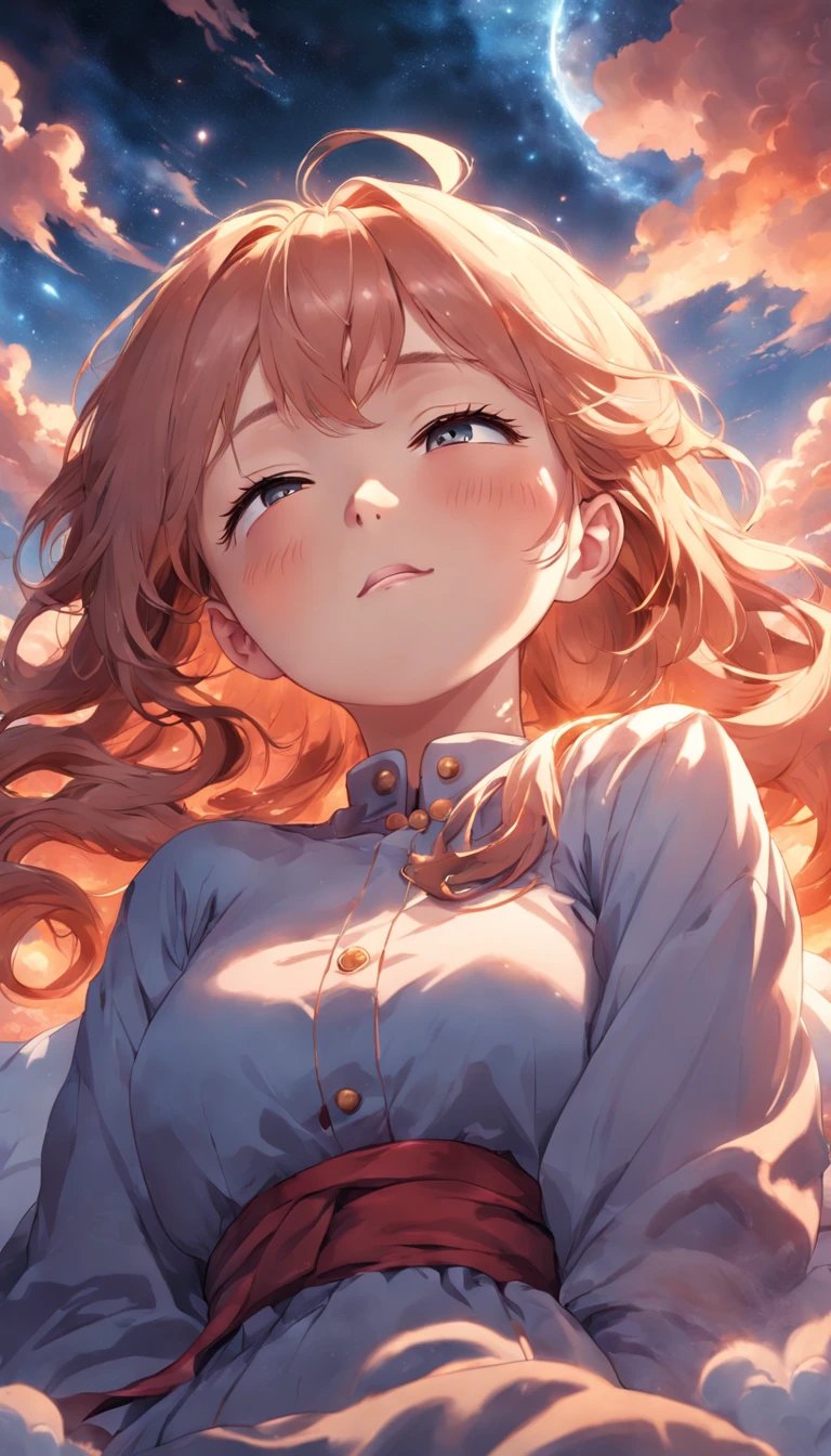 masterpiece, Highest Quality, MovieSteel, 1female, Cloud Lady, Floating in the sky, close-up, brightness, happiness, Warm and soft lighting, sunset, Sleeping, Sleep on your stomach, sleep, eyes closed, fatigue. (sparks:0.7)