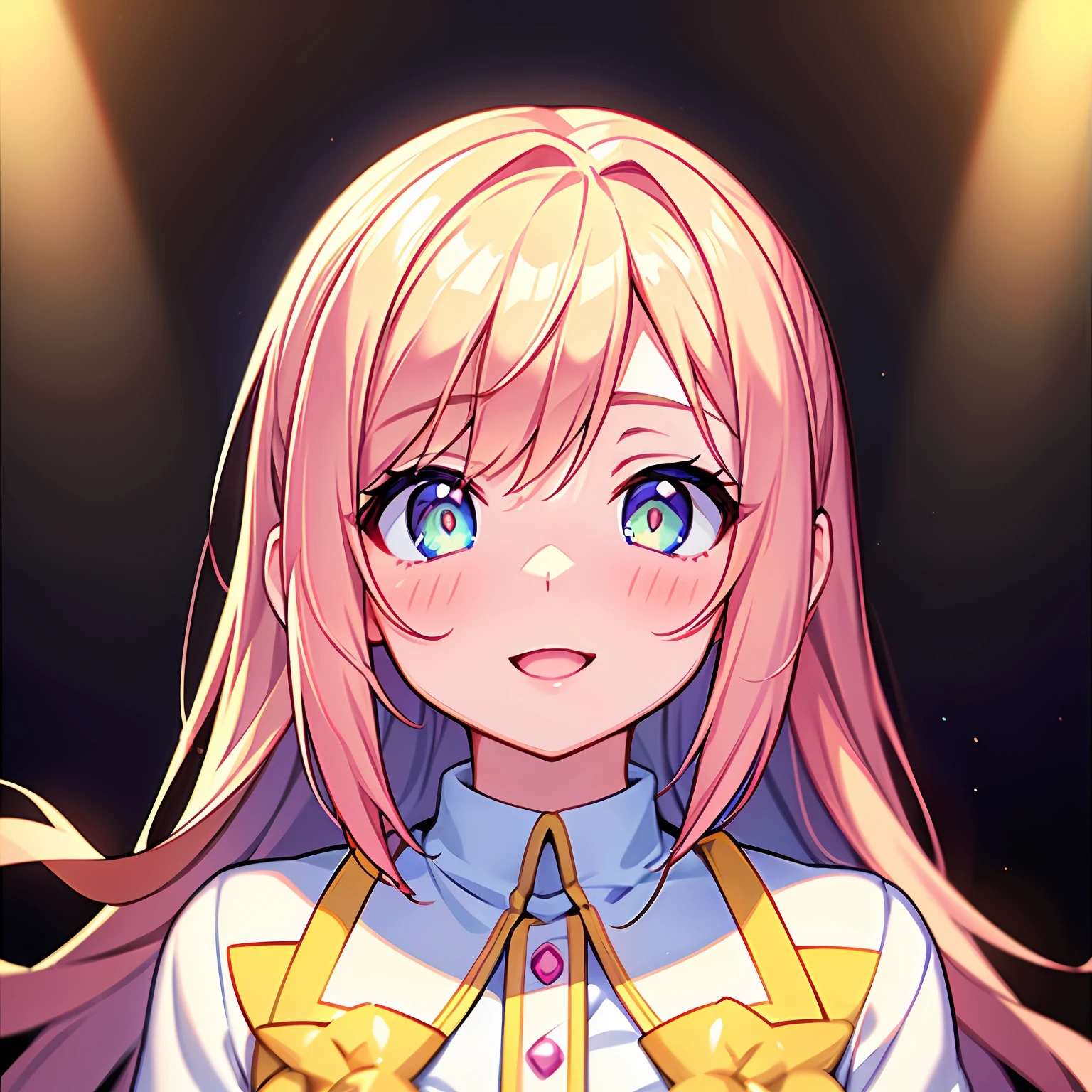(masterpiece:1.1), (best quality:1.1), (anime screencap:1.1) of (1girl in the street, heart eyes, 😍, blushing, smiling wide, open mouth, pink, yellow, light yellow, azure, big eyes, looking at the viewer, white coat:1), crepuscular rays, (pouty lips, portrait, close up), (crisp:1.1), (ultra detailed), centered, colorful, glowing, (depth of field), finely detailed, (edge detection:1), (120mm), beautiful eyes, (intense lighting:1.1), fine art, creative, face, bokeh, light caustics