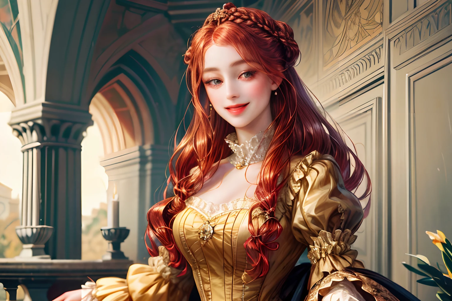 (absurd, highres, ultra detailed), 1girl, solo, mature, (very long hair, orange hair, bangs: 1.4), baroque, long dress, long sleeves, elegant, colorful, highest detail, upper body, a chubby green-eyed doll and long fringed hair being held by her and a chubby doll-like blonde girl next to her looking at her lovingly and smiling happily