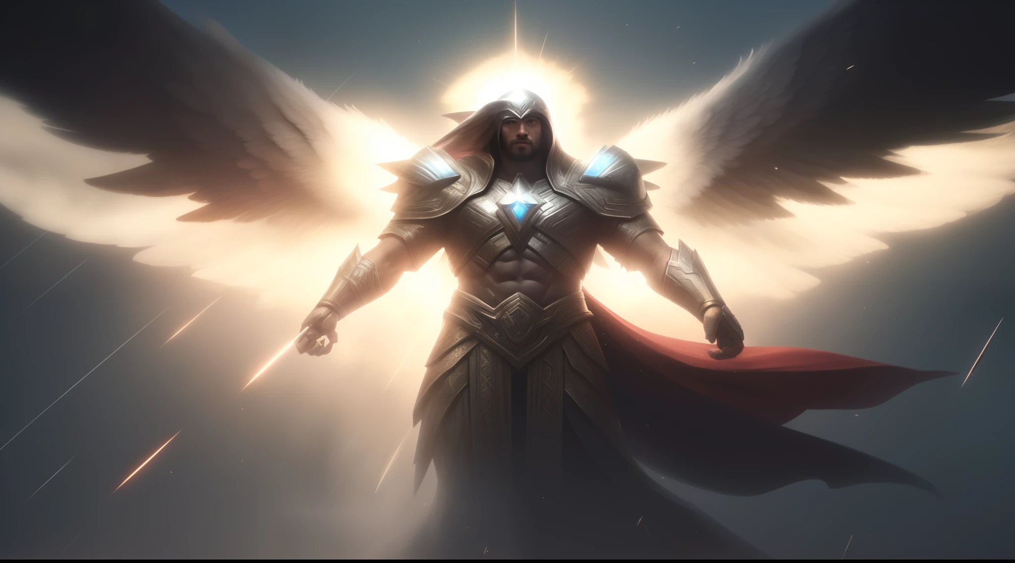 um close up de uma pessoa com asas em um fundo nublado, arcanjo, Directed by: Roman Bezpalkiv, por Yang J, arte conceitual de deus, anjo super largo, Wojtek FUS, arte de fantasia heroica, Arte de Wlop e Greg Rutkowski, Arcanjo Miguel, epic angel wings, Directed by: Gabriel Ba, Armadura Sagrada, Directed by: Jeremy Chong