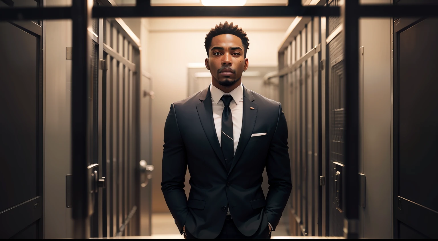 Black man in suit behind bars