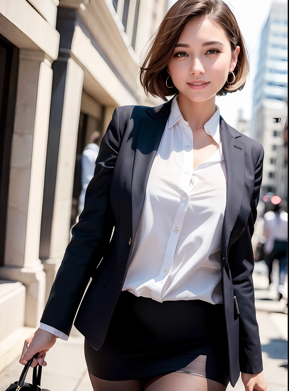 (8K, Best quality, Masterpiece:1.2),
(Realistic, photo-realistic:1.37),
Ultra-detailed,
1 girl, full bodyesbian, Outdoors, (Adjust hair:1.5)
Office Lady, black officeblazer, officeskirt, (Pantyhose:1.2), (short buttoneddownshirt:1.2), buttonedupcollarprim, buttoneddowncollarprim, Bra, (Pantyhose:1.2), alphalayers, high-heels,Big breasts
Beautiful earrings,
Cute,
Solo,
Beautiful detailed sky,
(Smile:1.15),
(Closed mouth),
Small breasts,
Beautiful detailed eyes,
Business attire,
(Short hair:1.2),
Floating hair NovaFrogStyle,