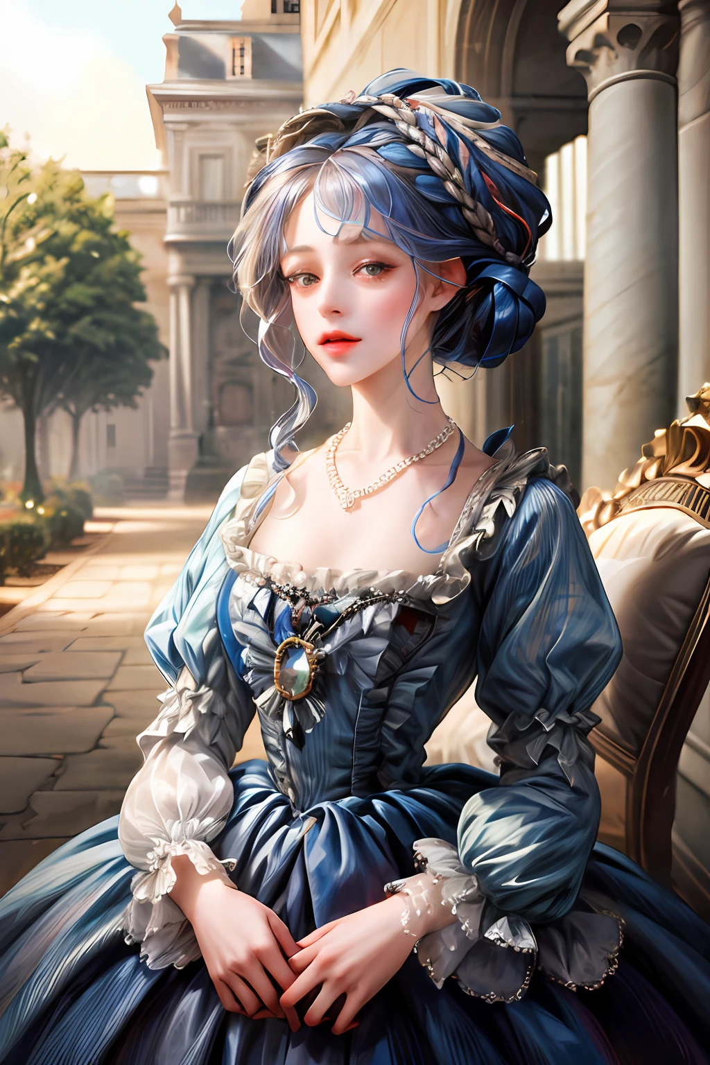 (absurdres, highres, ultra detailed), 1girl, solo, mature, (updo marie Antoinette style, cobalt hair), Baroque, Necklace, long dress, long sleeve, elegant, colorful, highest detailed, upper body, outdoors, garden