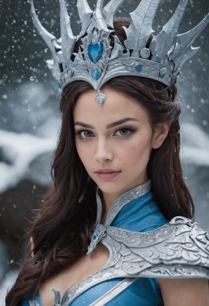 Cor de pele Azul como filme Avatar, Mulher de cabelo branco vestida com um traje com chifres e uma coroa, Rainha do gelo e da tempestade, Feiticeira do Gelo, rainha do gelo, Bruxa Frost Antiga Bonita, Ne zha de smite |, Rainha do Submundo, A Rainha do Gelo, com uma parede de gelo, mago de gelo, em uma caverna gelada, succubus | medieval esculpida como uma deusa