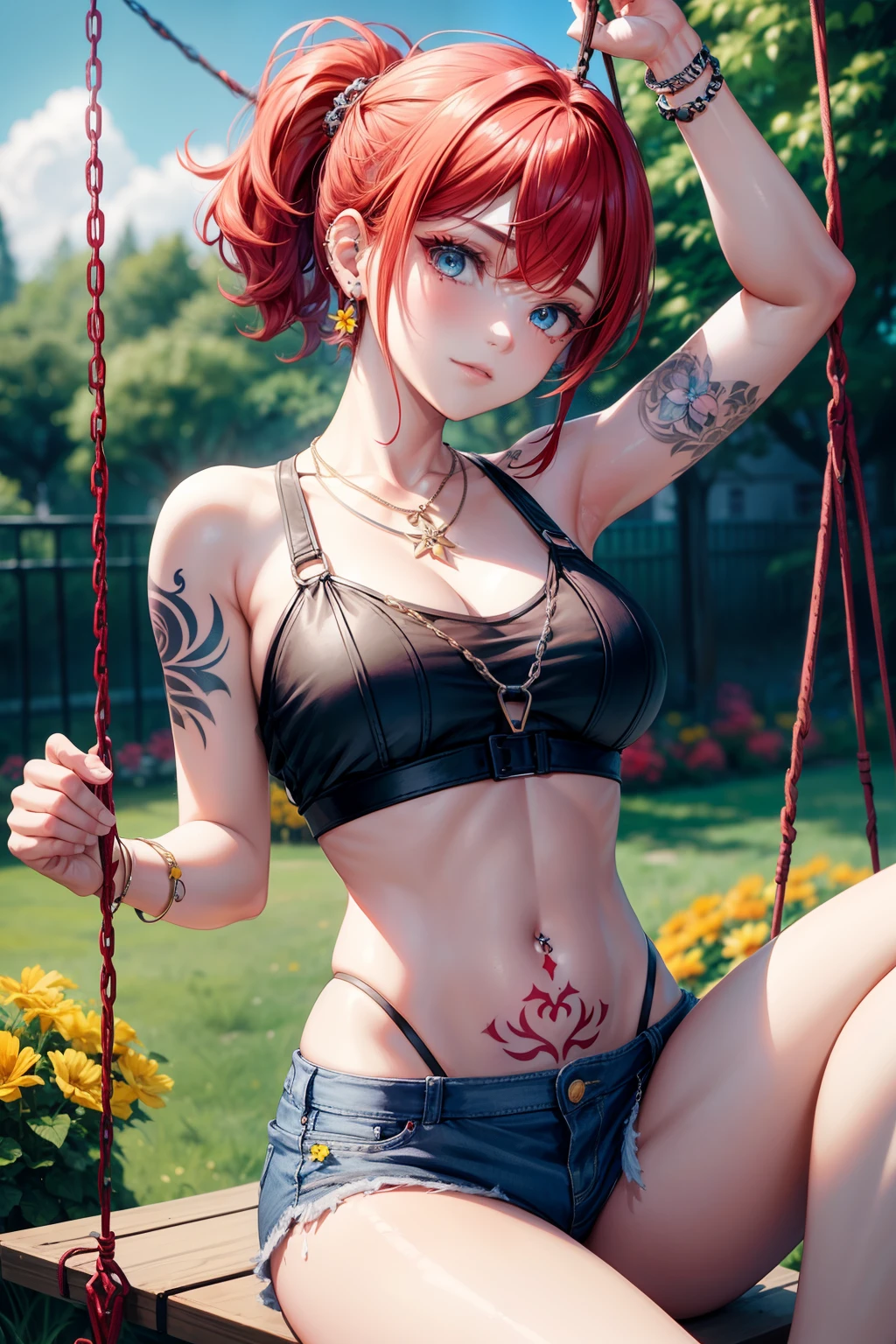 1 girl, solo, only one girl ,Short hair, red hair, short ponytail, blue eyes, necklace, piercings, hand tattoo, Garden, trees, swings, swinging, flowers, yellow flower garden, Swing, iron swing, afternoon, river, short vans, crop top, belly Tattoo, Big breasts, Tattoo on the stomach