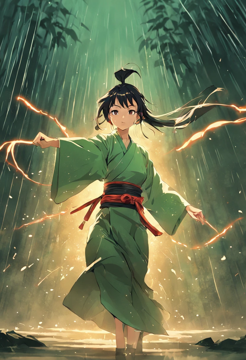 1 young girl, kung fu, green bamboo forest, surrounded by rain, illustration style, motion blur, opened robe, breasts, cleavage, long exposure fullbody, exquisite facial features, Chinese styleink style, martial arts style, selective focus, panorama.