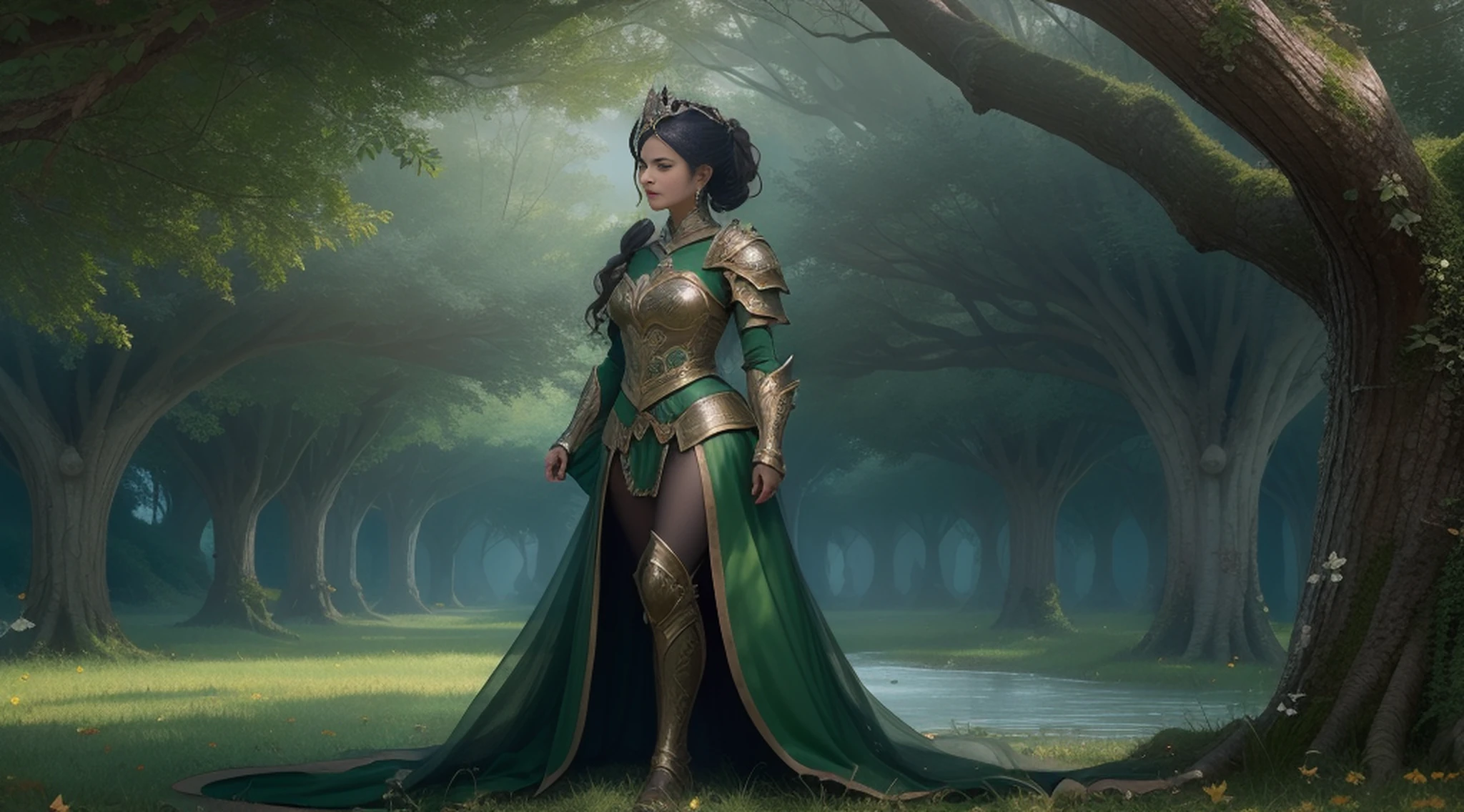 A woman alone in green queen armor standing under a cherry tree, uma bela rainha, fantasia, Rainha elfa bonita de cabelo preto e elegante, olhos verdes e com rosto bem detalhado, estilo de arte a oleo, Arte de fantasia 8k, fantasia de arte bem realista, elegant cinematic fantasy art, cenario fantastico.