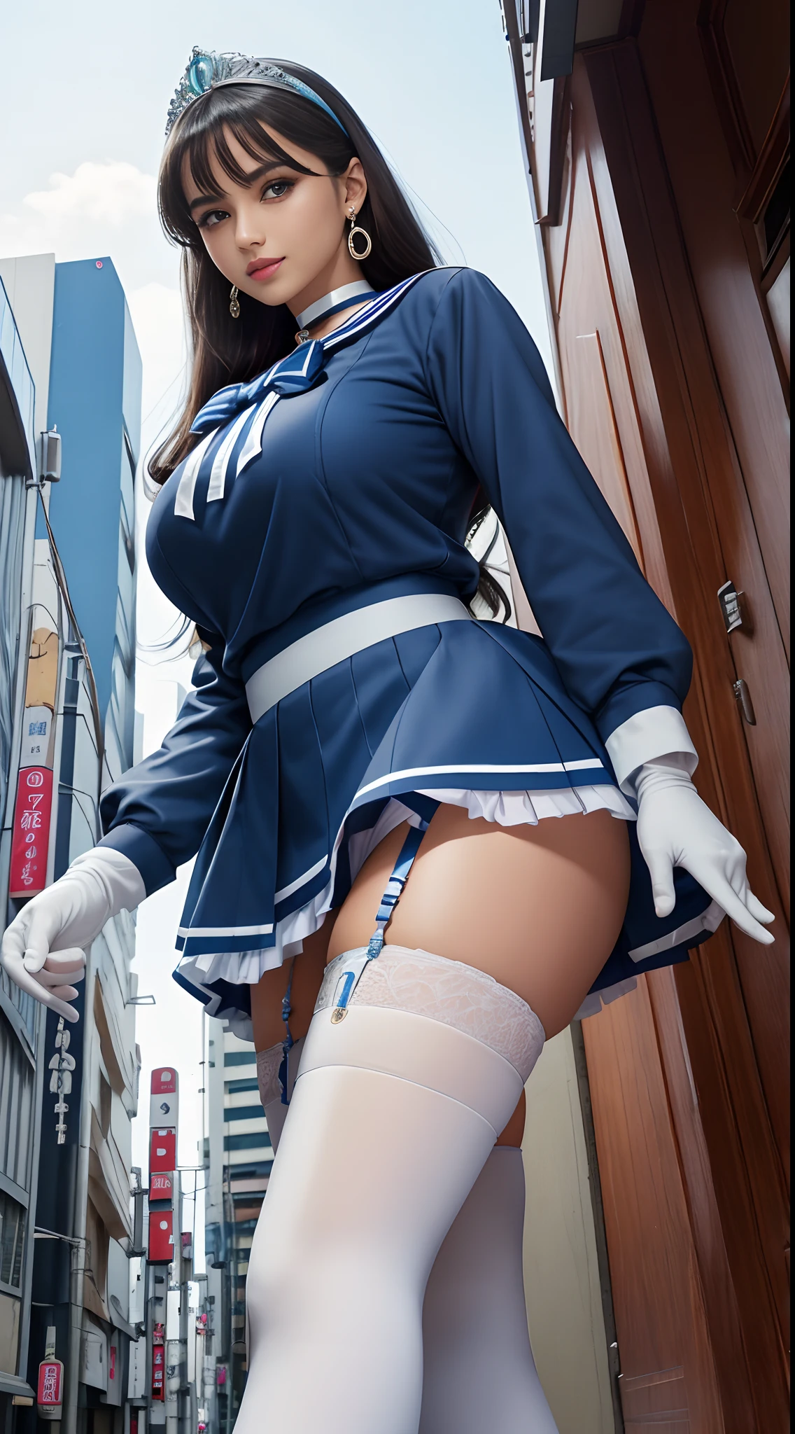 1girl, happy, smirk, Tokyo street, cityscape, city lights,day,.Flexing, 8k, RAW photo, best quality, masterpiece, realistic, photo-realistic, masterpiece, best quality, high-resolution, tiara,sailors uniform, random hair, stockings, big breasts, blue sailor collar,bow,knee boots,choker,white gloves,blue choker,elbow gloves,jewelry,earrings,blueskirt, pull up skirt to show panty, panty, high resolution, highly detailed, hyper realistic, 8K, indian girl, 25 years old Indian girl, big breasts, use hands to pull up the skirt so that underwear is visible to the viewer, shot from below, pale skin, super lighting