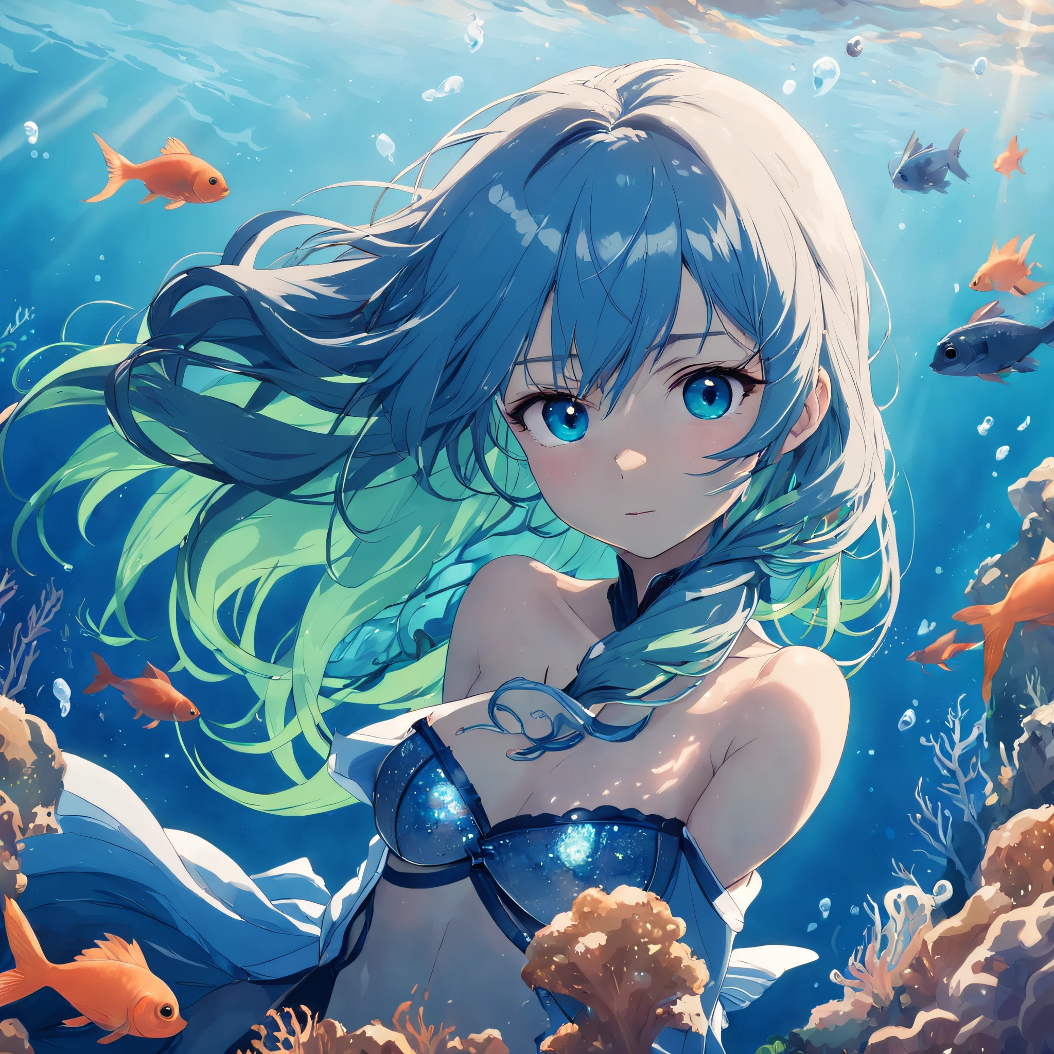 4k uma linda Sereia. calda de peixe corpo de mulher, da cintura pra cima mulher linda com olhos azul claro, longos cabelos azul escuro, grandes seios cobertos por conchas. cintura pra baixo uma linda calda de peixe verde claro. sereia em baixo da agua com alguns peixes em volta e corais. 8k
