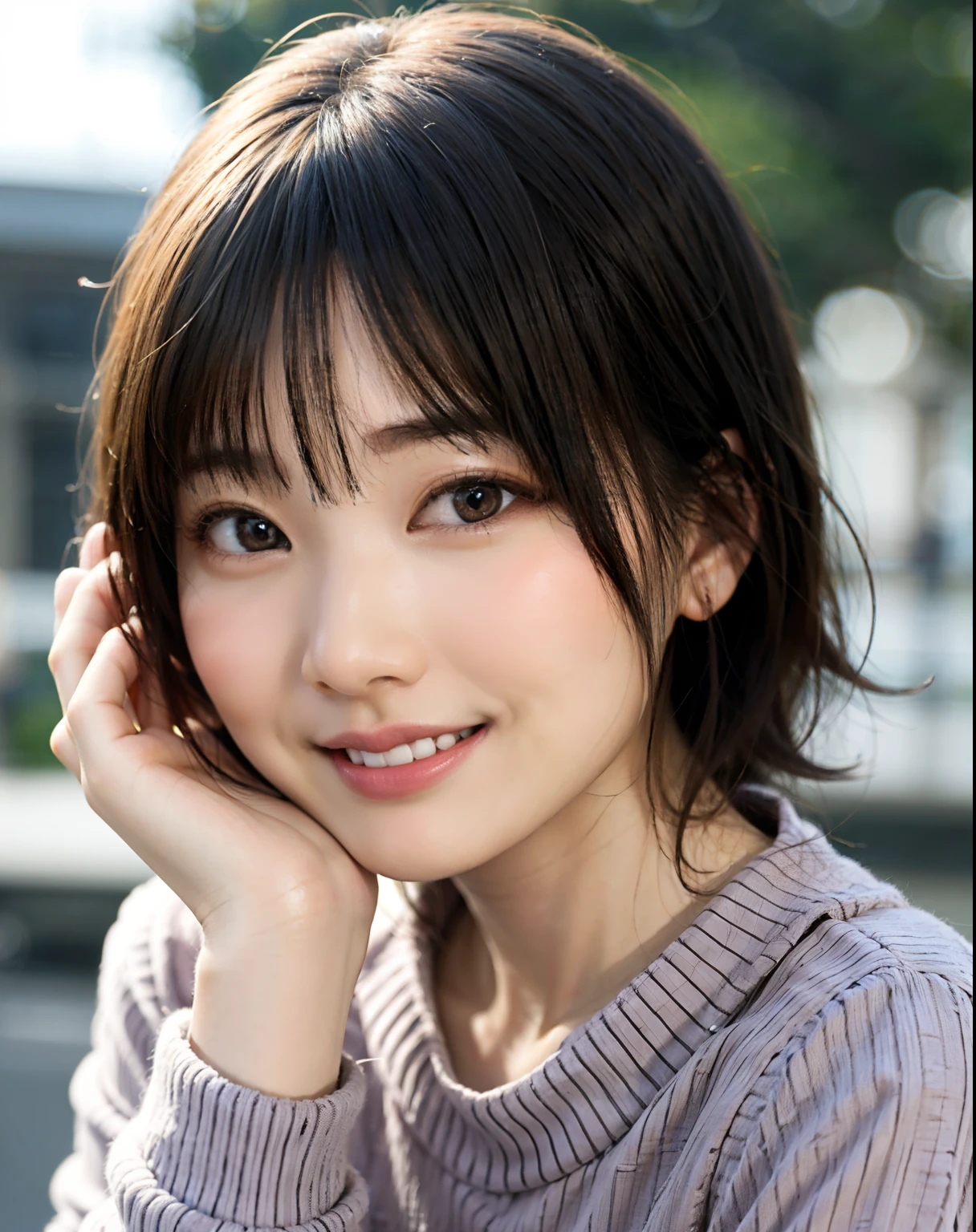 Hi-Res, Super Detail, 1 Girl Asian, Cute, Cute Face, Solo, Short Hair 1.2, Textured Skin, Beautiful Smile, Beautiful Detailed Sky, Movie Lighting, Depth of Field, Lens Flare Light, Sedentary, Dating, (Blushing nose), (Smile: 1.15), Small breasts (mouth closed), Beautiful fine eyes, (Sweater: 1.1), (Short hair: 1.2), floating hair Nova Frog style,